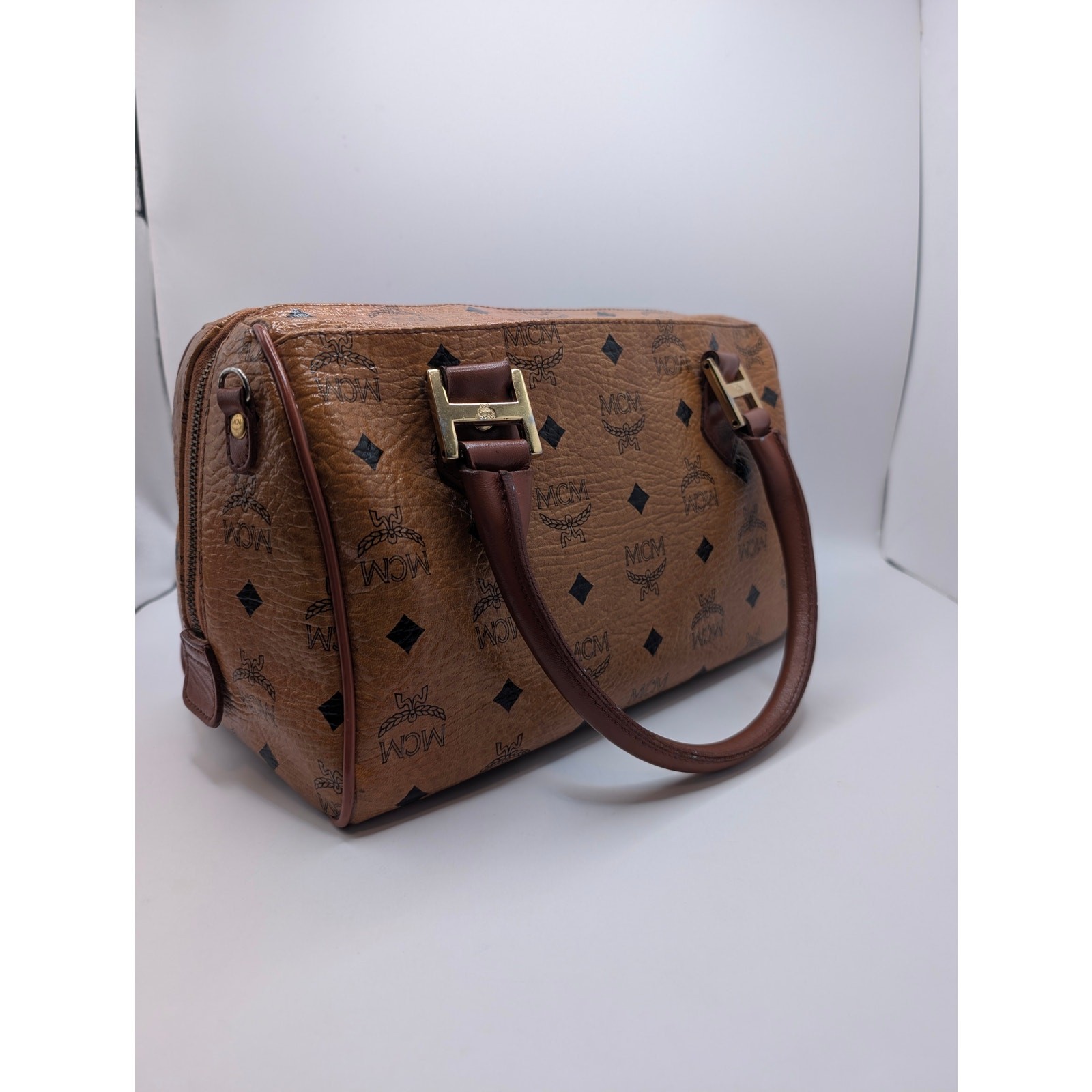 Authentic MCM Visetos Cognac Canvas Boston Bag Gold Hardware