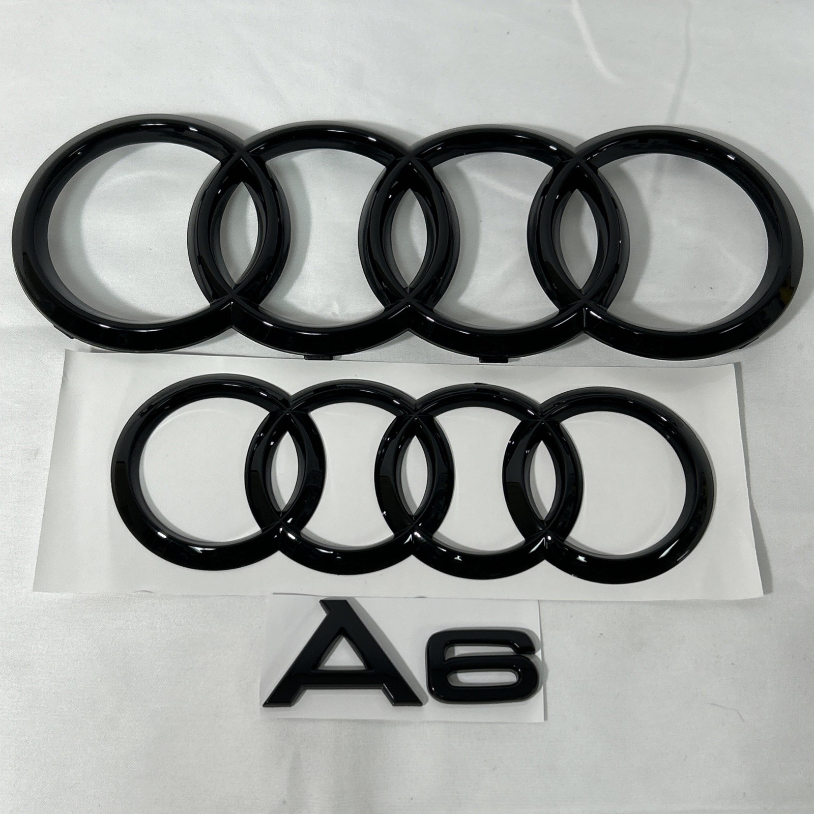 3pc AUDI 4 Ring Front/Rear Adhesive Emblems Gloss Black 285mmx202mm A6 2012-2018