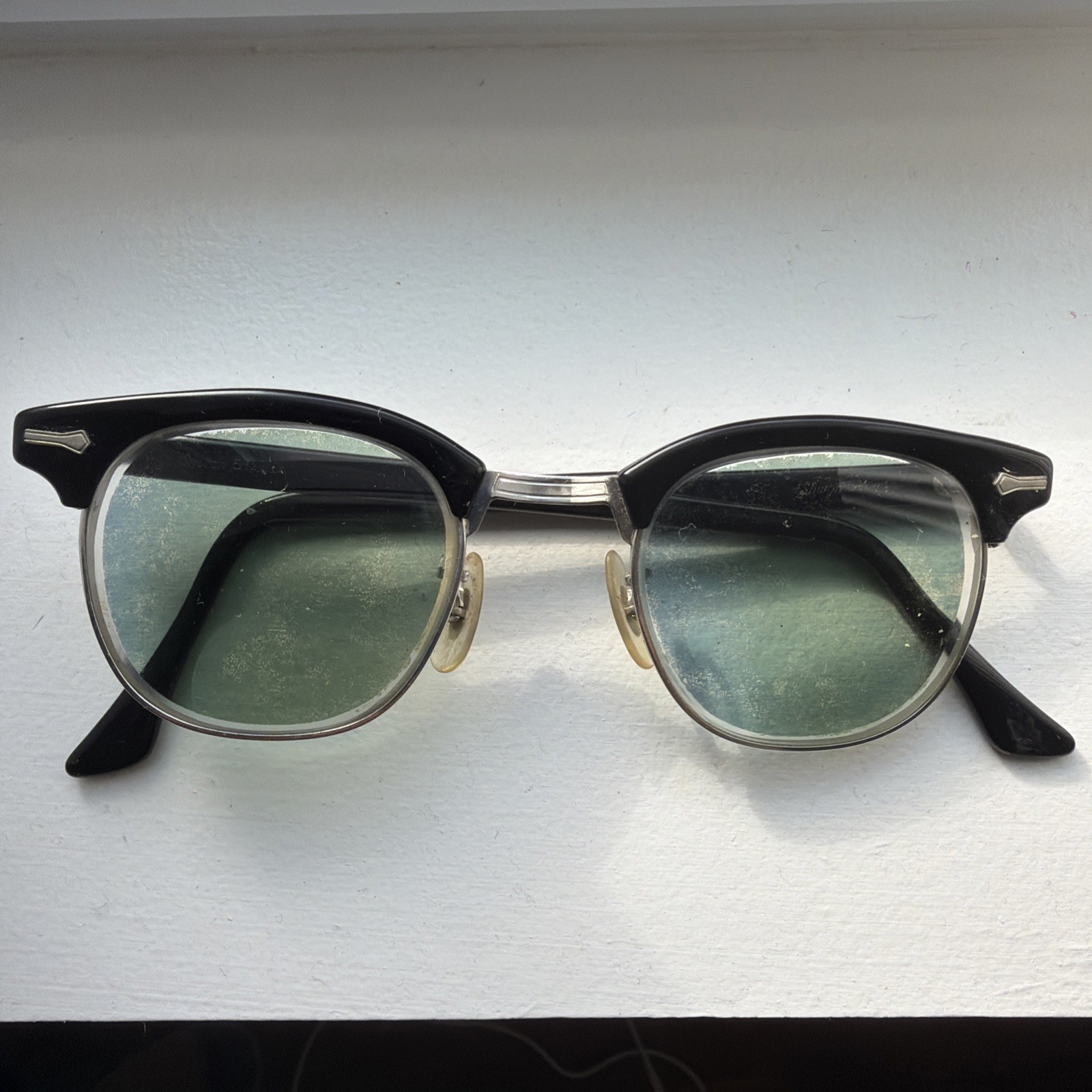 Vintage 50s-60s Shuron 46mm - 5 3/4 Thick Black Eyeglasses USA 12k gold Fil