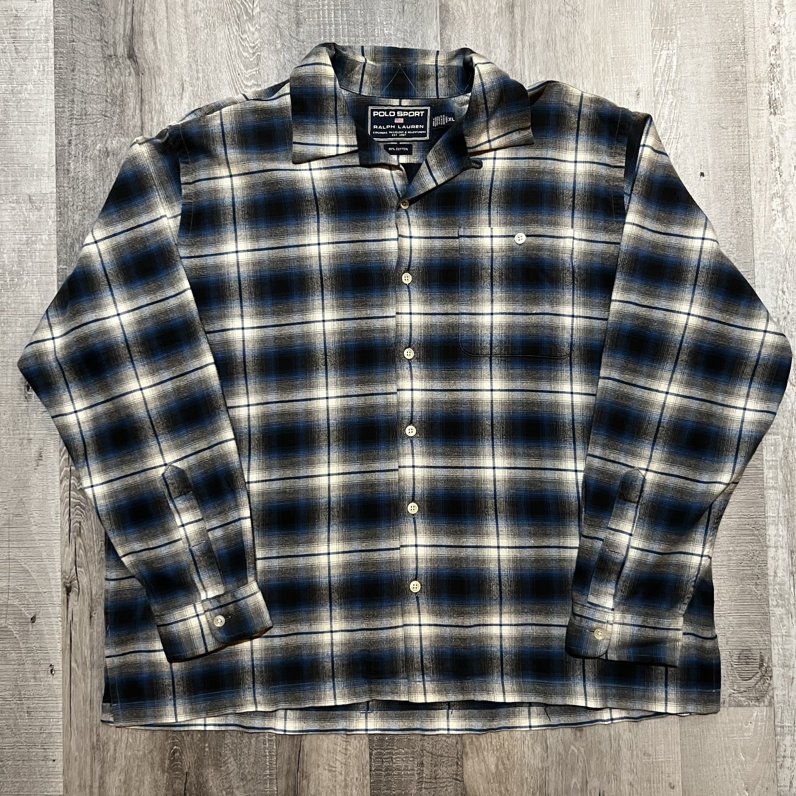 VTG Polo Sport Ralph Lauren Blue Shadow Plaid Cotton Loop Collar Shirt Men\'s XL