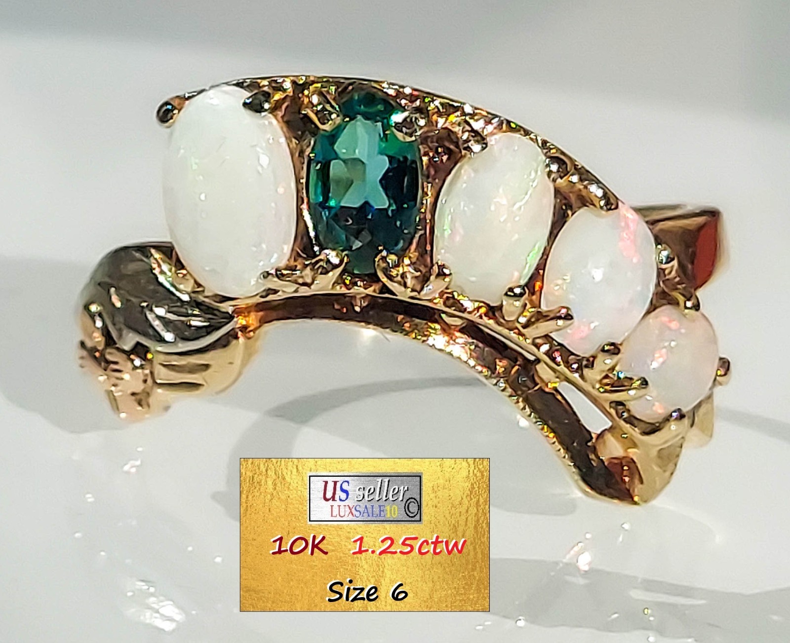 Estate Ring, 1.25 ctw 10k gold, Natural Opals with lab Emarald , Size 6 Estate Ring, 1.25 ctw 10k gold, Natural Opals with lab Emarald , Size 6