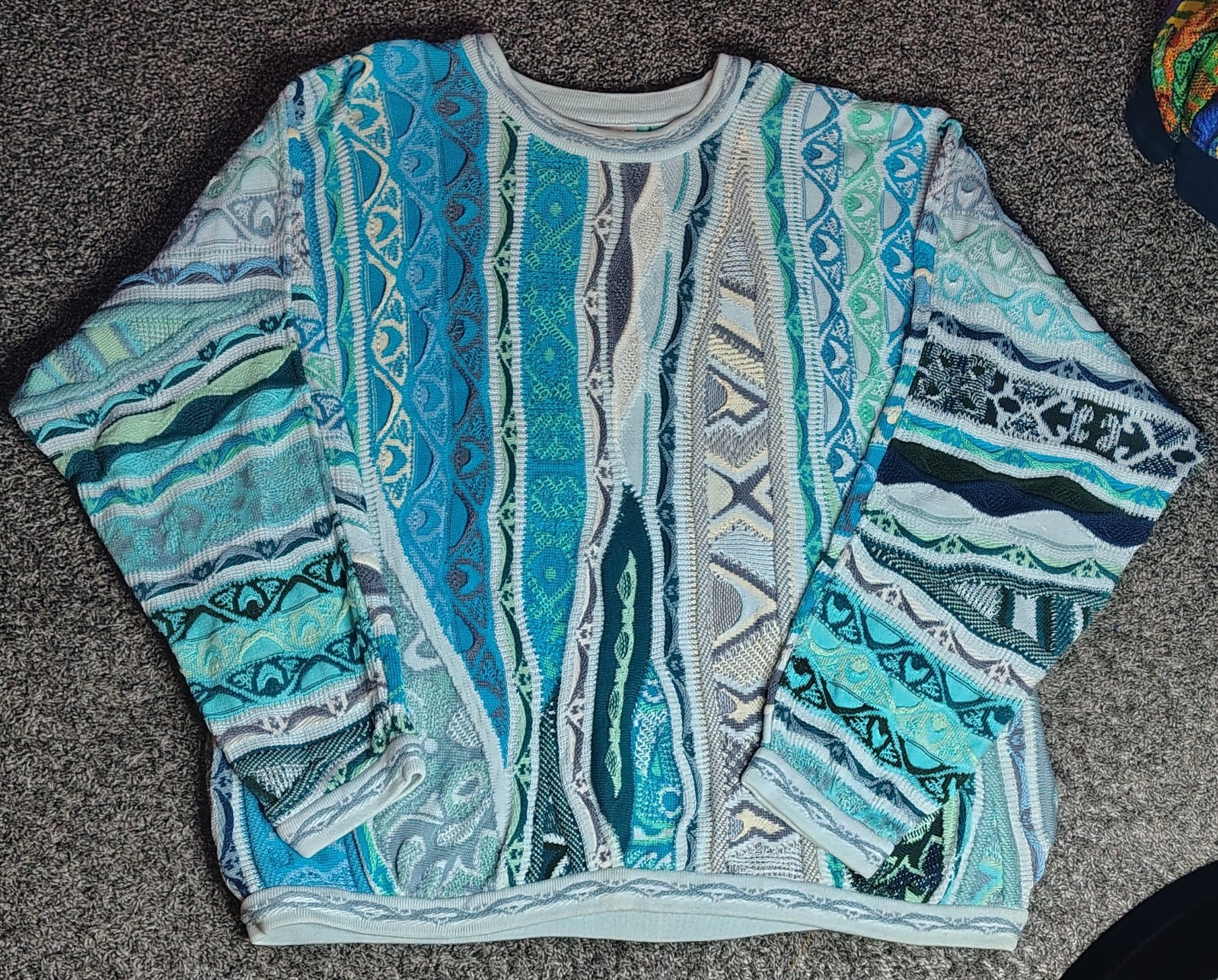Coogi Australia Vintage Ocean Blues Sea Mist Whites 3D Knit Sweater 2XL Hip Hop Coogi Australia Vintage Ocean Blues Sea Mist Whites 3D Knit Sweater 2XL Hip Hop
