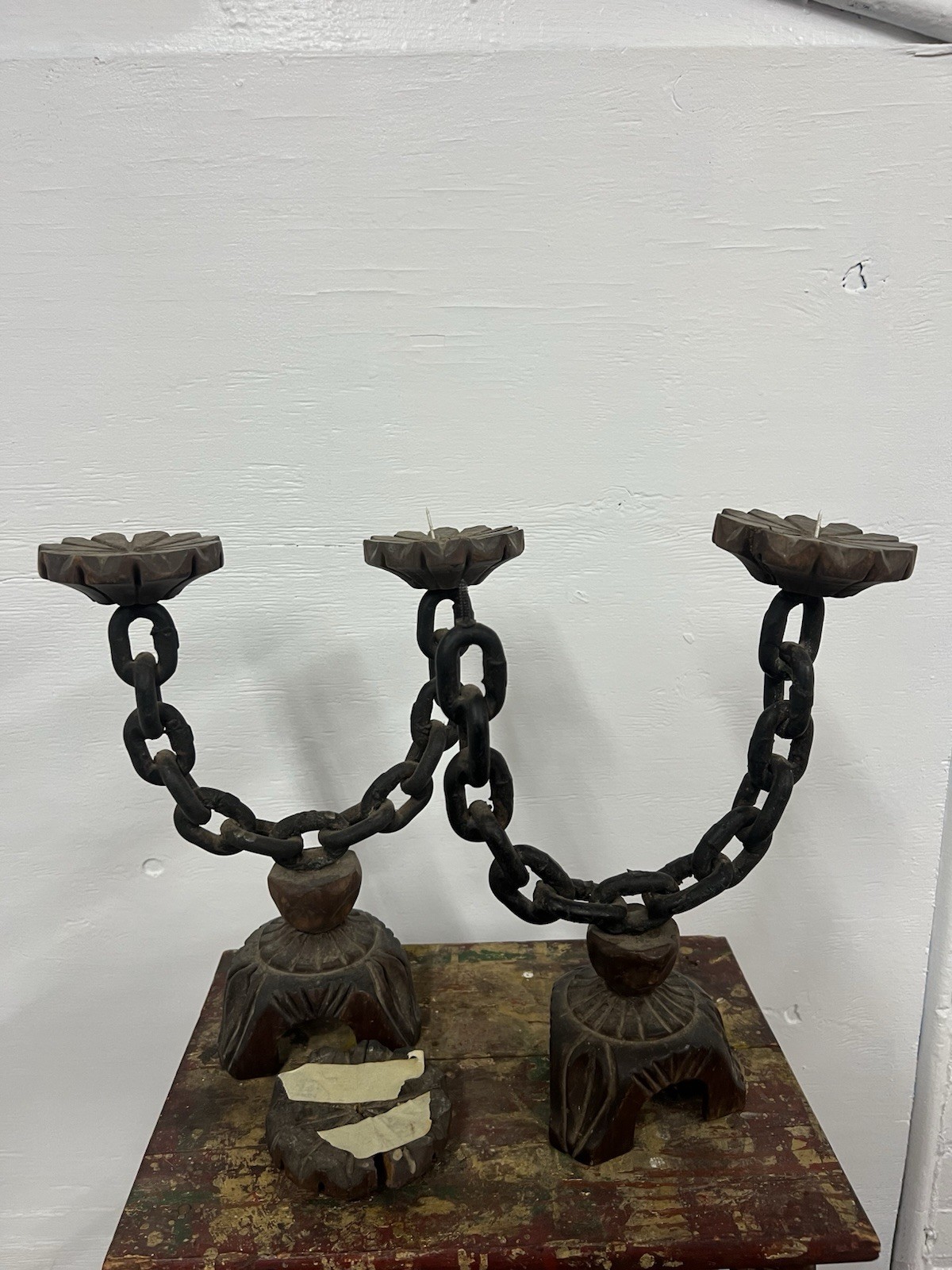Vintage (2) Gothic Spanish Brutalist Hand Carved Wood Chain Candelabras MCM