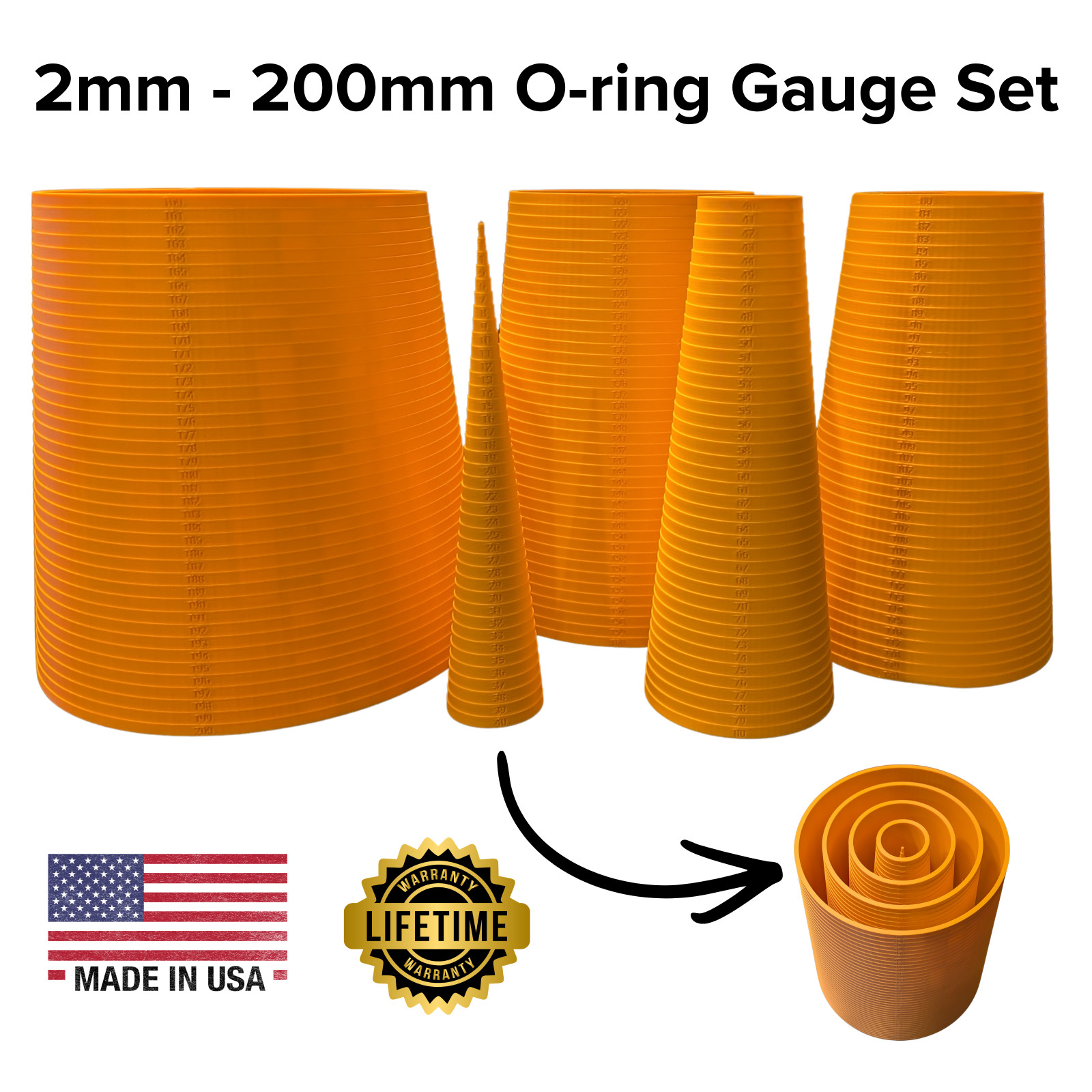 O-Ring Sizing Cone Measuring Tool Gauge Set 2mm - 200mm Orange