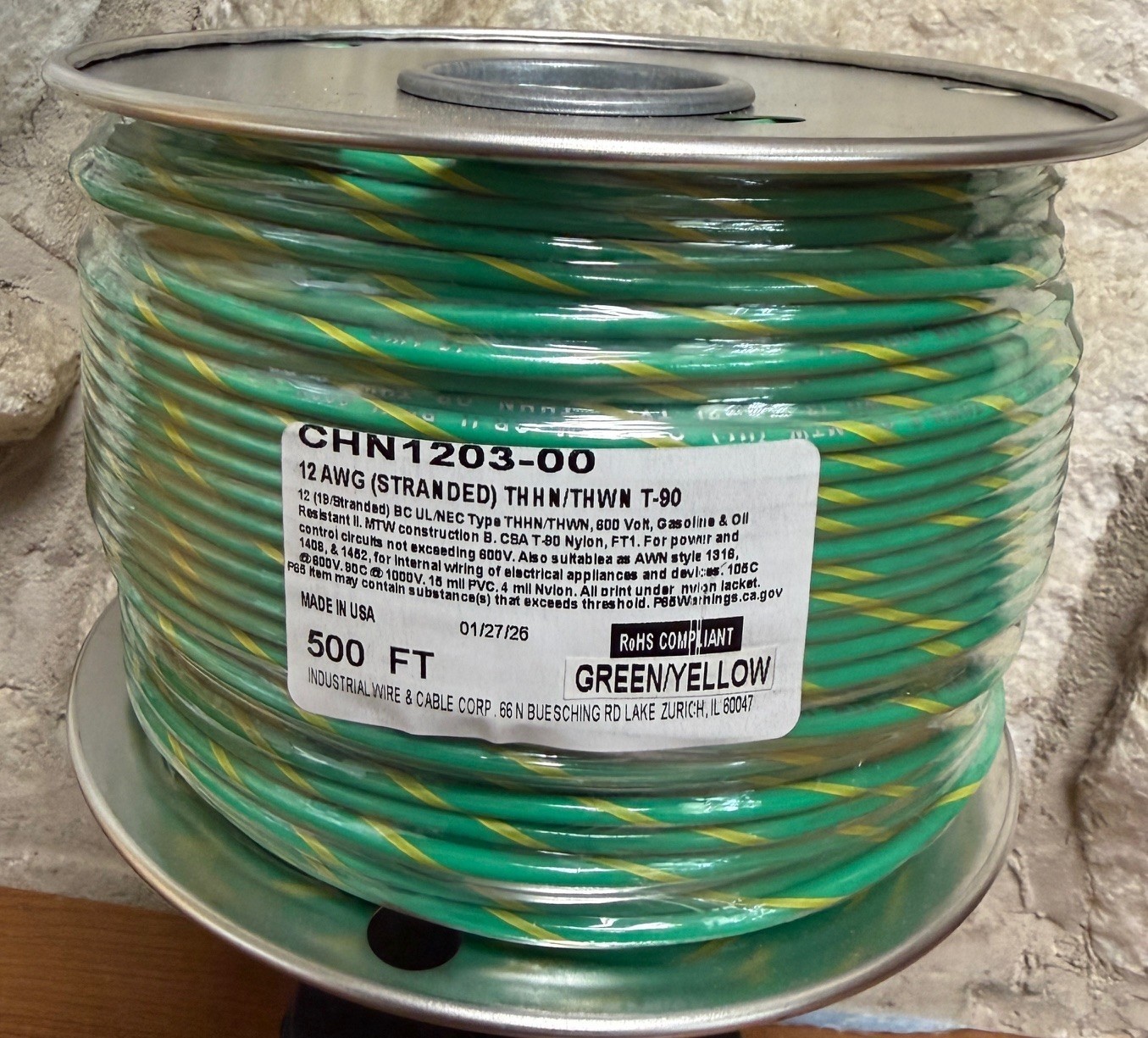 500 FT THHN/THWN WIRE. 12AWG STR BC  600 VOLT. MADE IN USA.  GREEN/YELLOW STRP