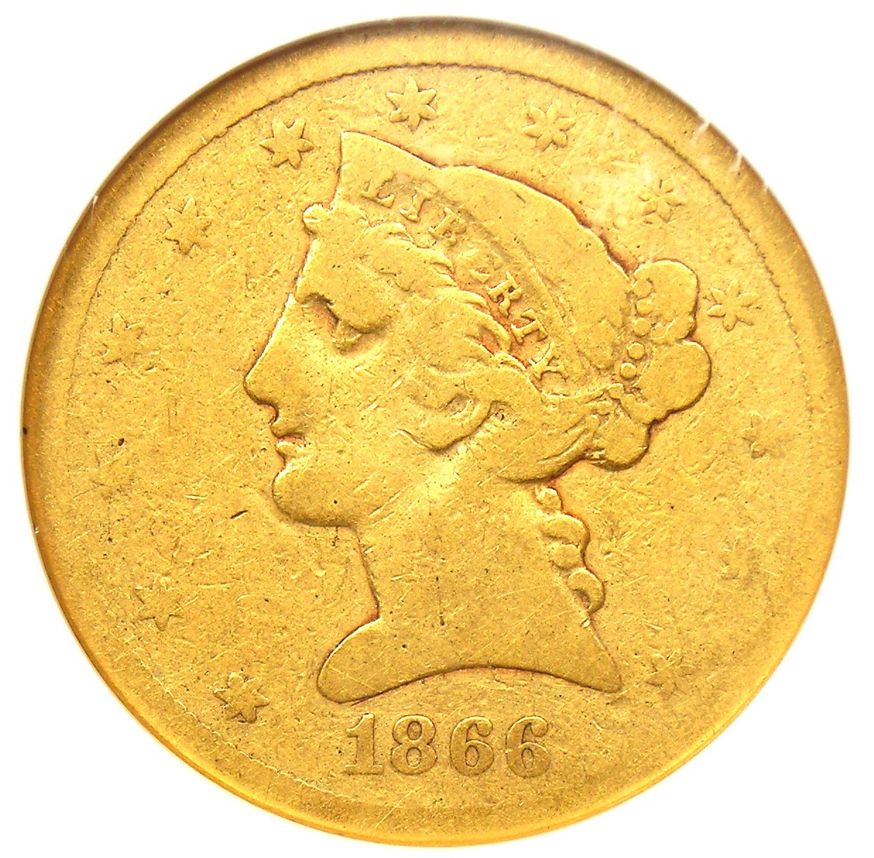 1866-S Liberty Gold Half Eagle $5 Motto - Certified NGC VG8 - Rare