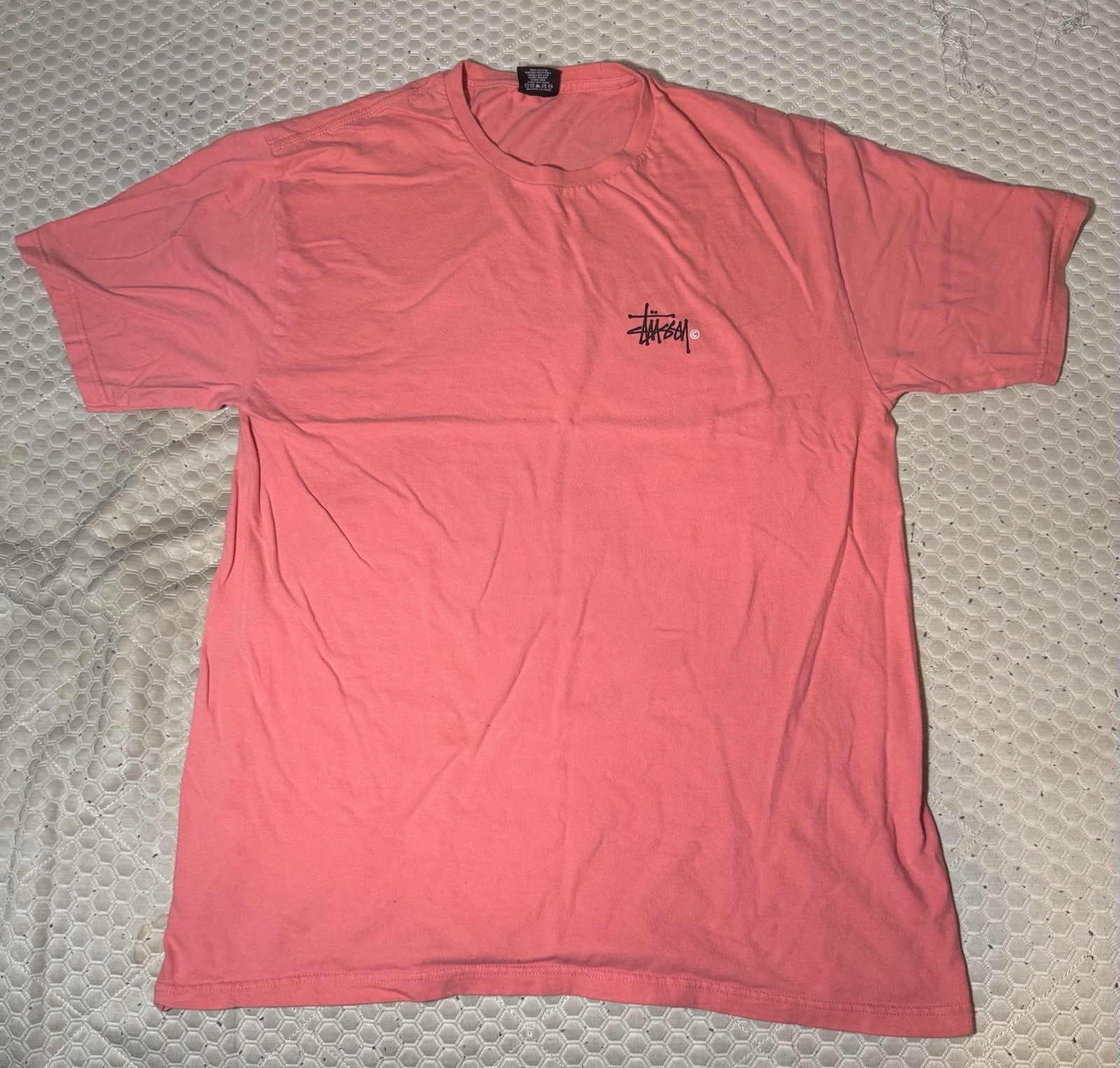 Stussy Men\'s Pink Logo Graphic Print Crew Neck T-Shirt L Cotton Jersey