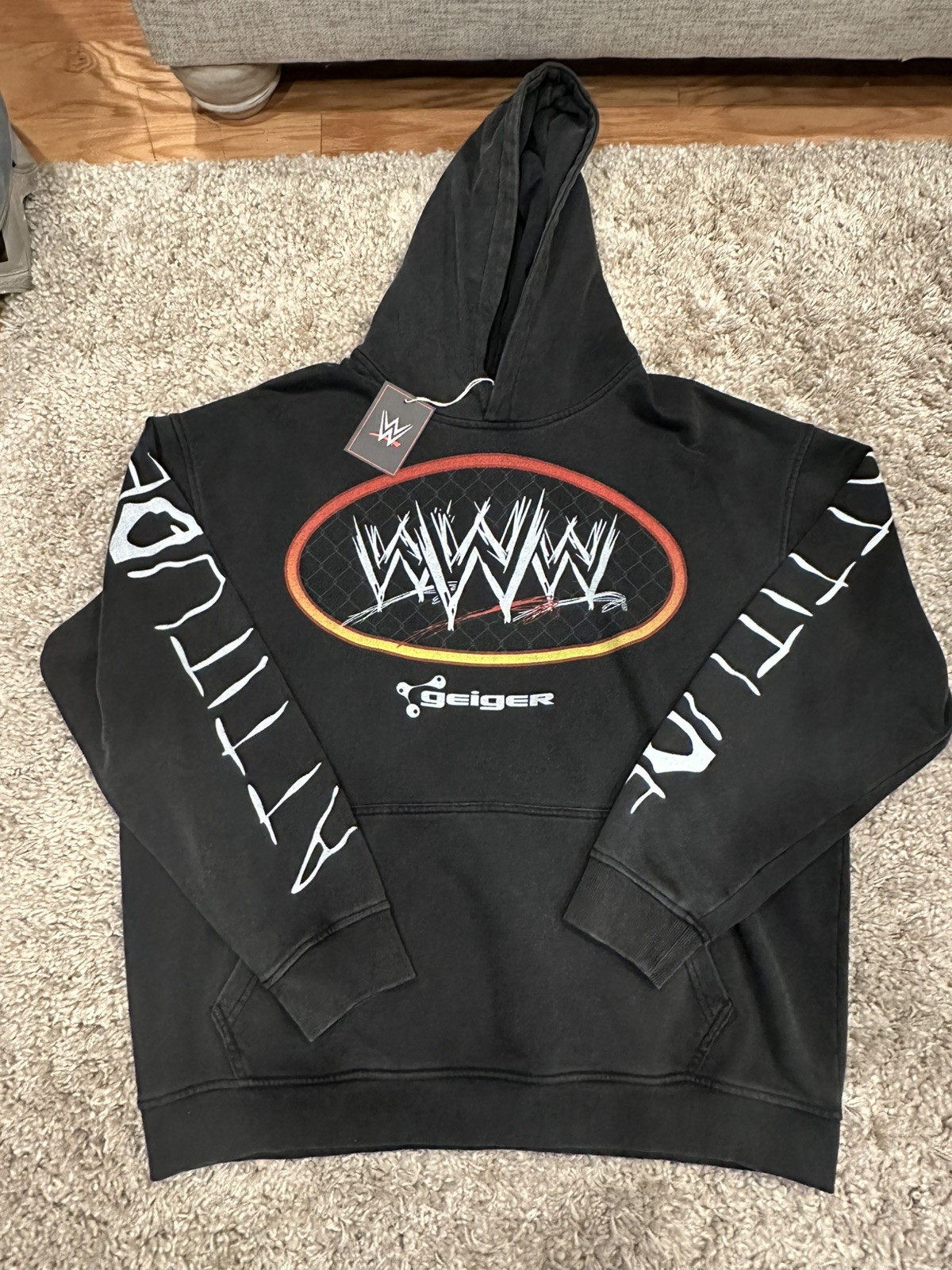 John Geiger x WWE Misplaced Attitude Era Logos Hoodie XL Sweatshirt Sold Out