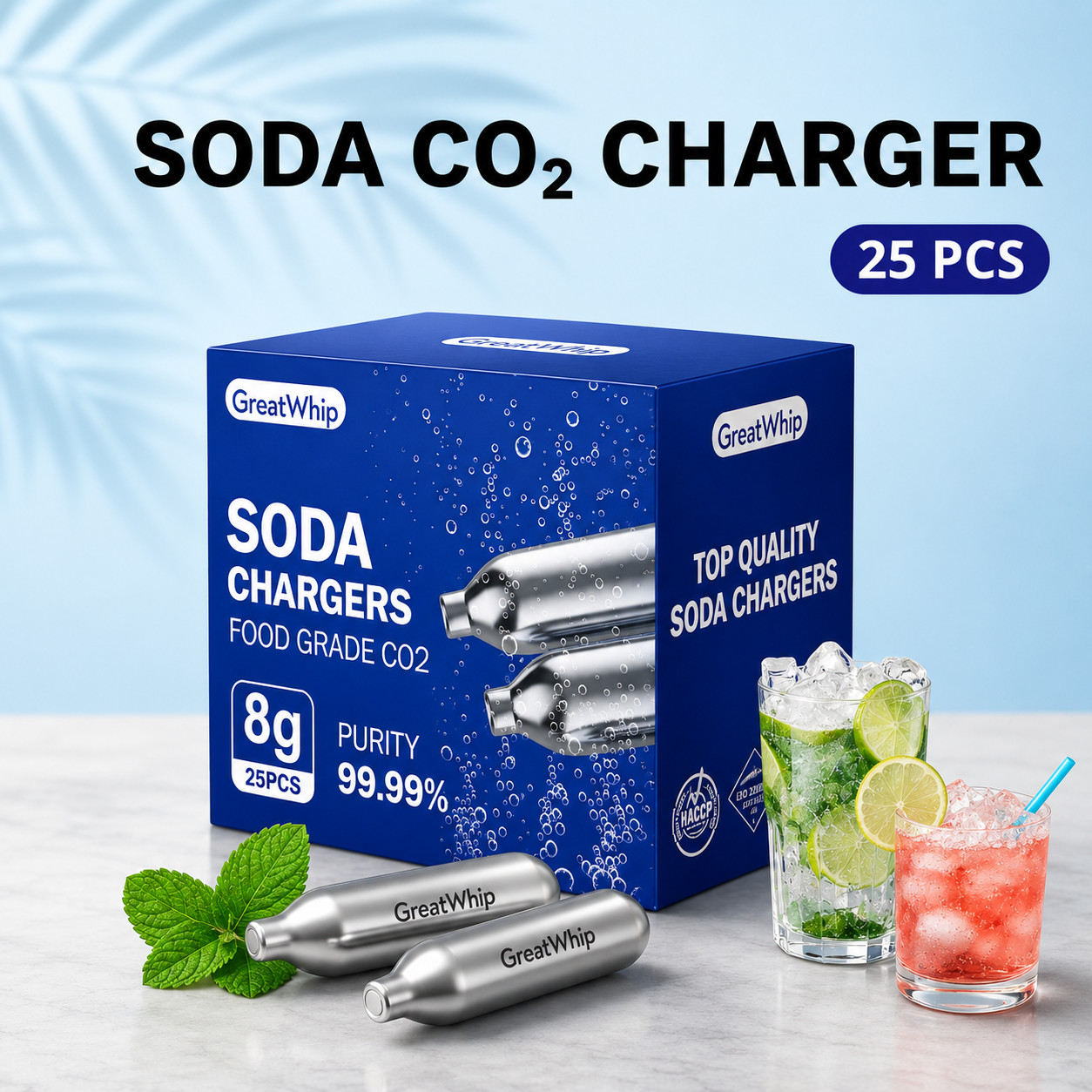 GreatWhip Soda Chargers Seltzer Chargers 8g CO2 Cartridge 25 / Pack Fizzy Water