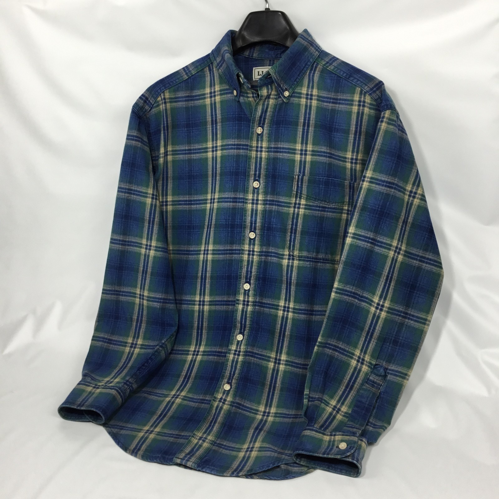 Vintage LL Bean Mens Twill Shirt M Blue Plaid Cotton Long Sleeve J210 90s