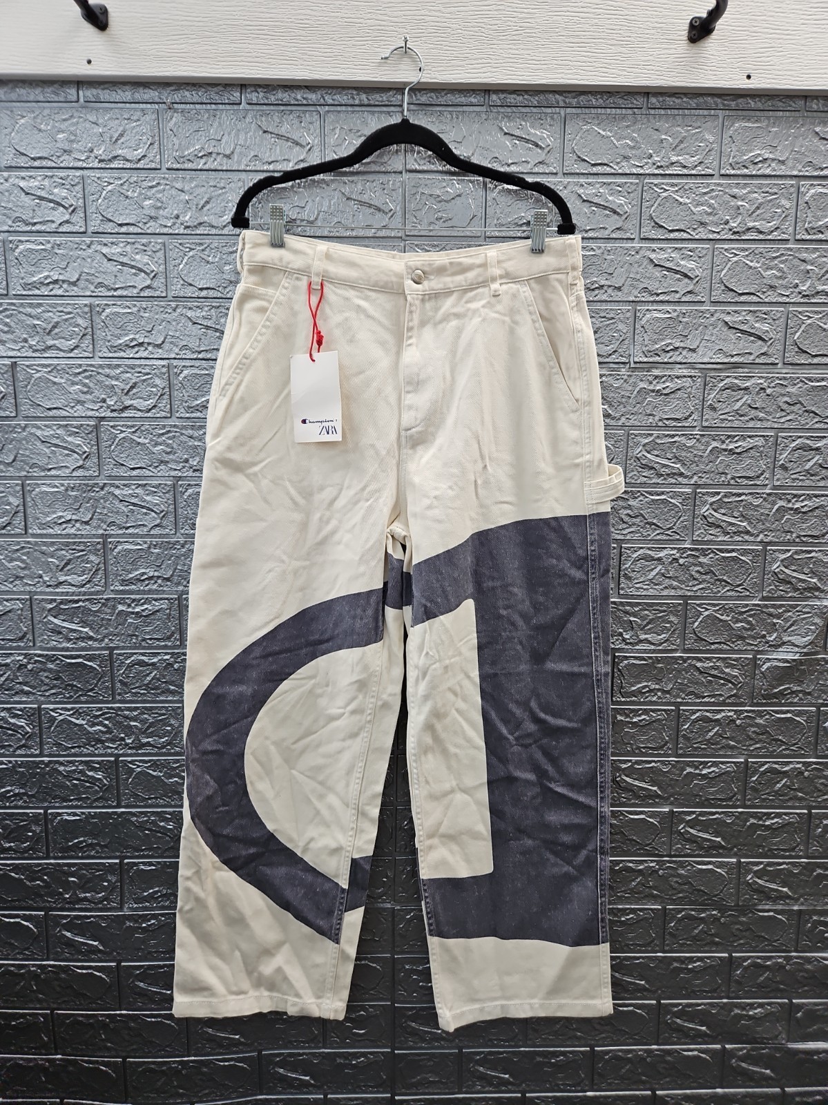 New Zara X Champion Men\'s Pants With Contrast Logo Ecru Sz 30