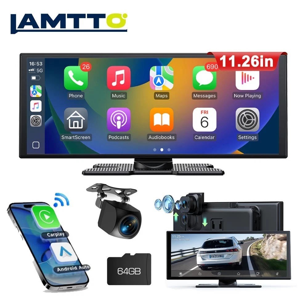 Lamtto Wireless Carplay Screen for Car 2.5K Dash Cam 11.26in Portable Car Stereo
