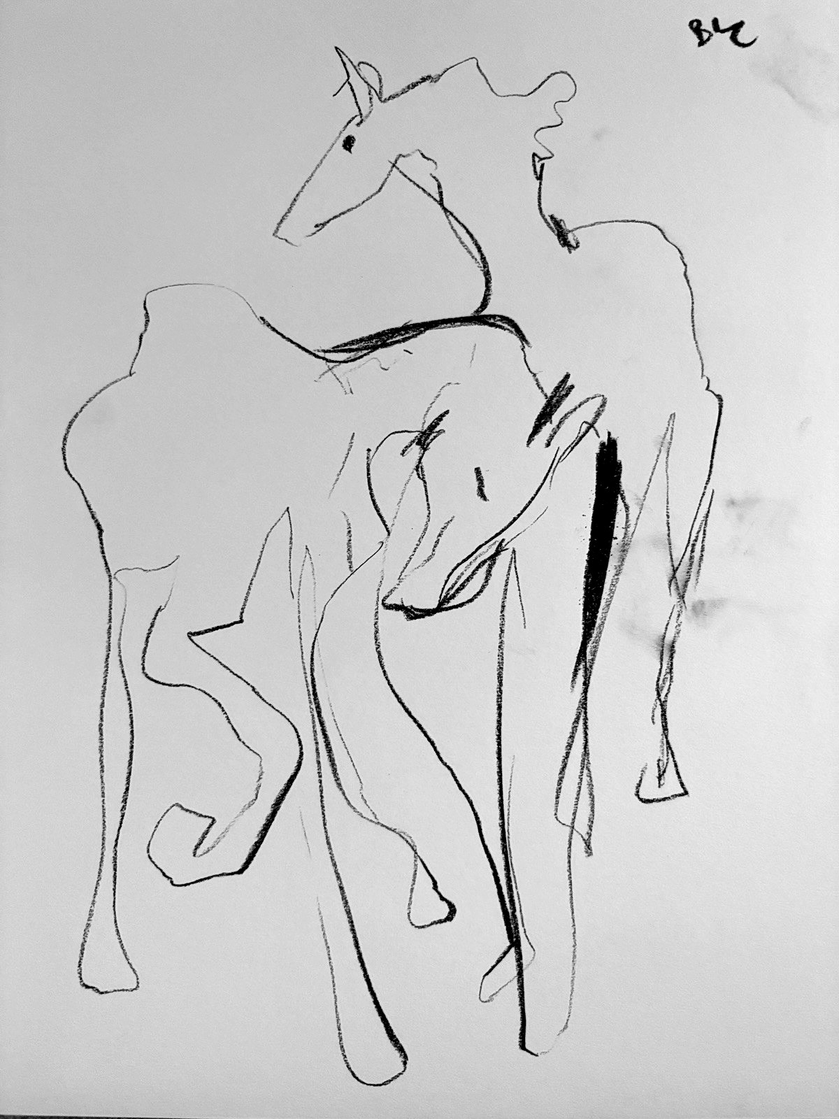 Horses Abstract Cubist Charcoal Drawing On Paper 11”x14” Original Signed