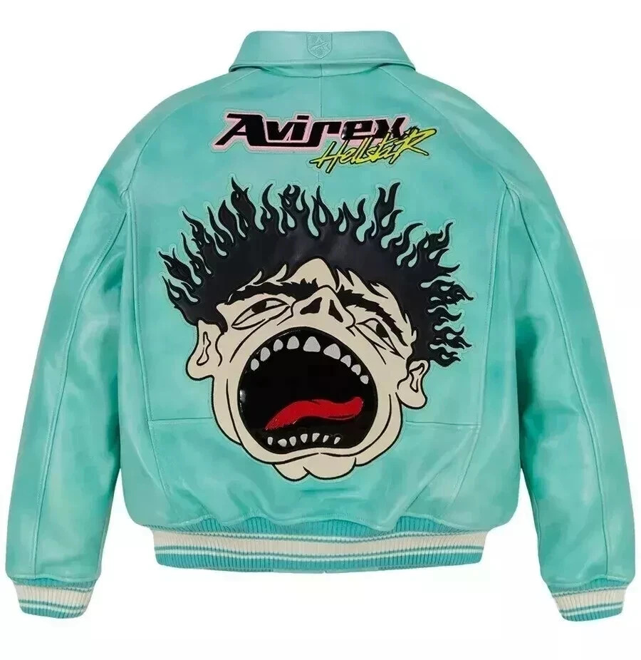 NEW Mens Avirex X Hellstar Bomber Jacket Soft Cowhide Leather Biker Jacket Blue