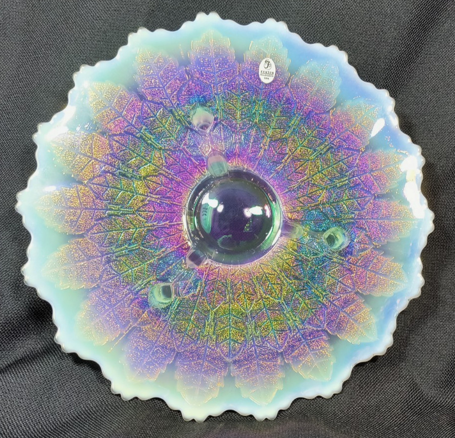Beautiful Fenton Art Glass 3 Footed Cake Plate Leaf Pattern Multi Iridescent 12