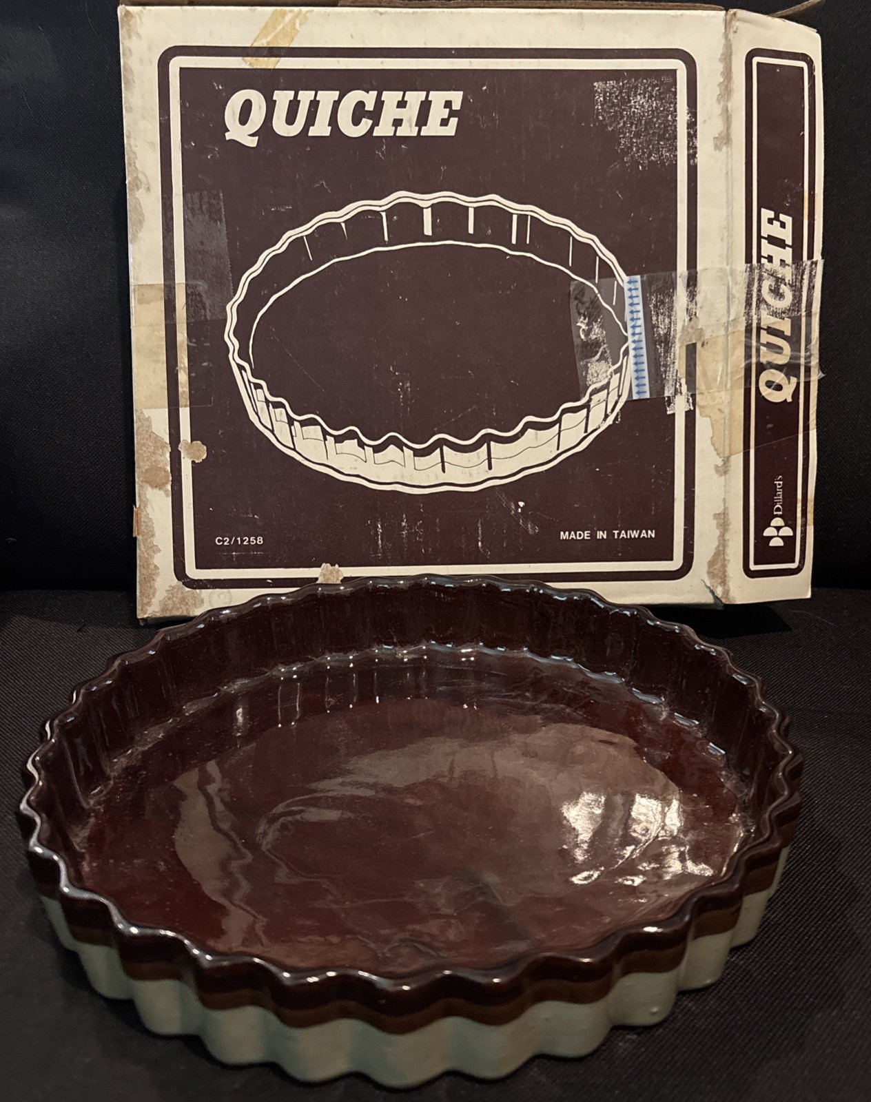Vintage Dillard\'s Ceramic Quiche Tart Pan 10in Brown Ombre Taiwan Boxed