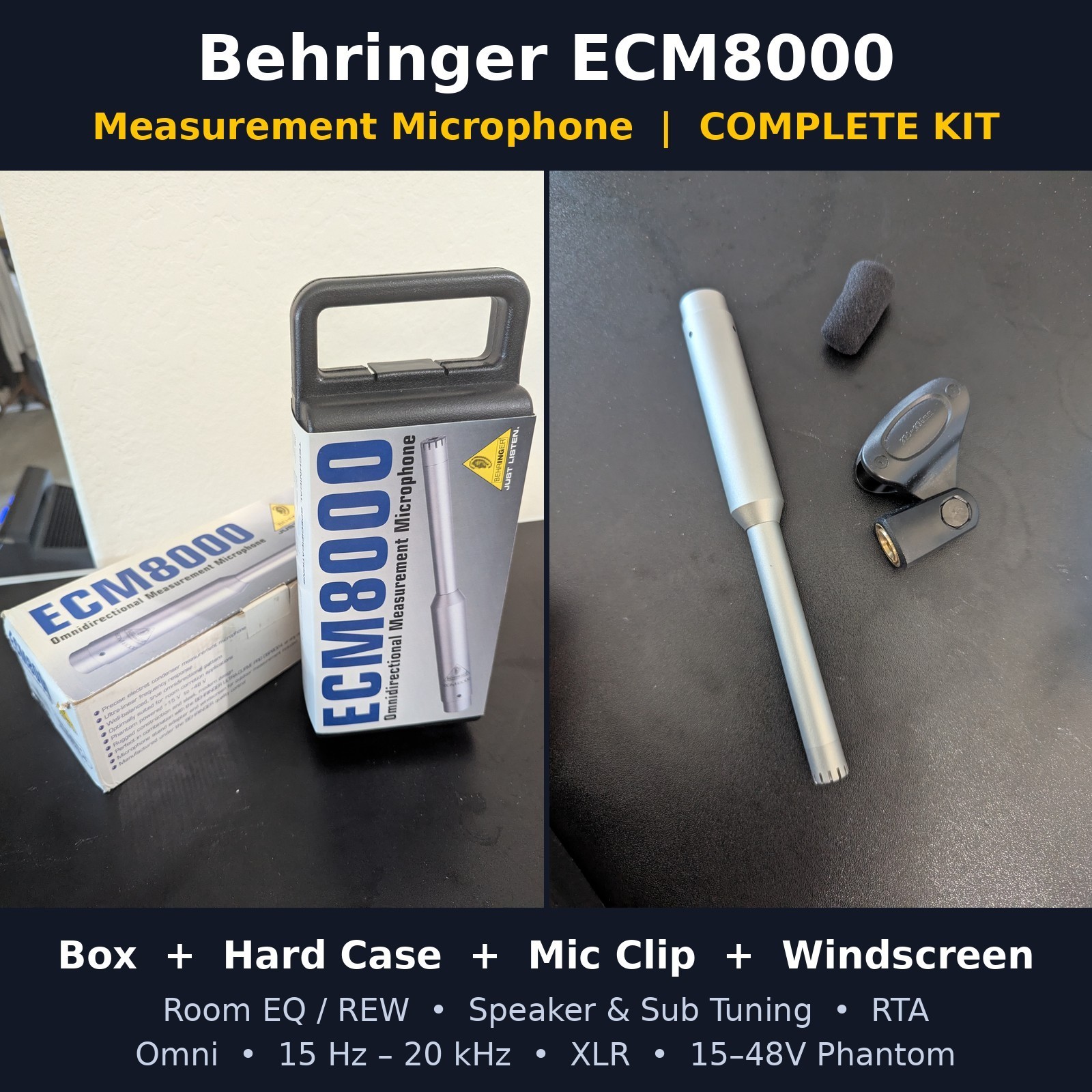 Behringer ECM8000 Measurement Microphone w/ Hard Case Box Clip Windscreen REW