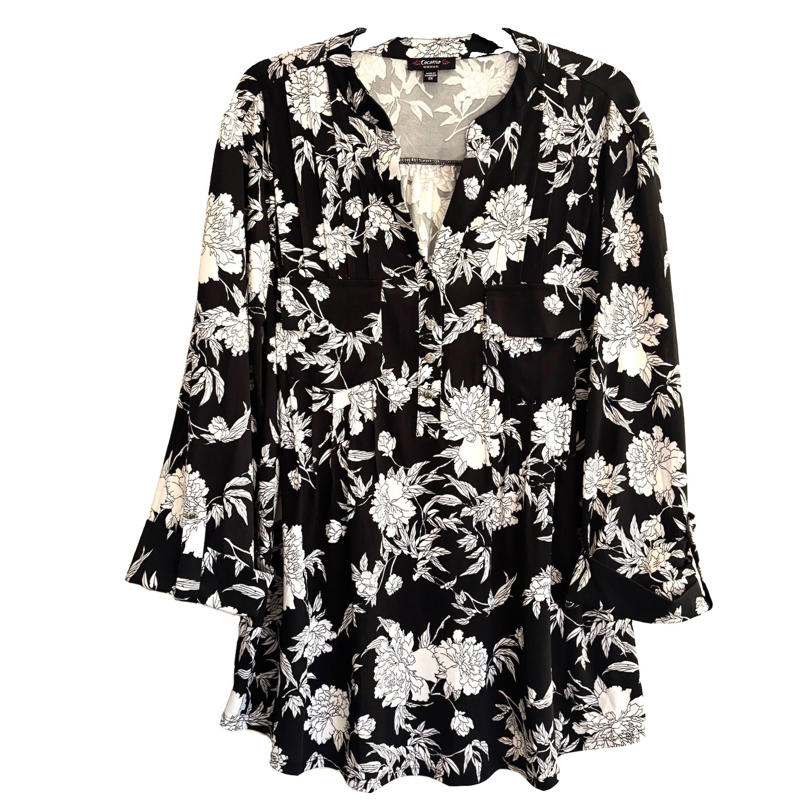 Cocomo Woman Sz 2X Floral Blouse Black White 3/4 Roll Tab Sleeve Pleated Cocomo Woman Sz 2X Floral Blouse Black White 3/4 Roll Tab Sleeve Pleated