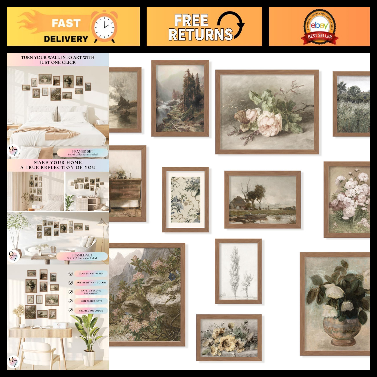 Vintage French Country Wall Art Set - 12 Prints in Rustic Brown Frame, Home Deco