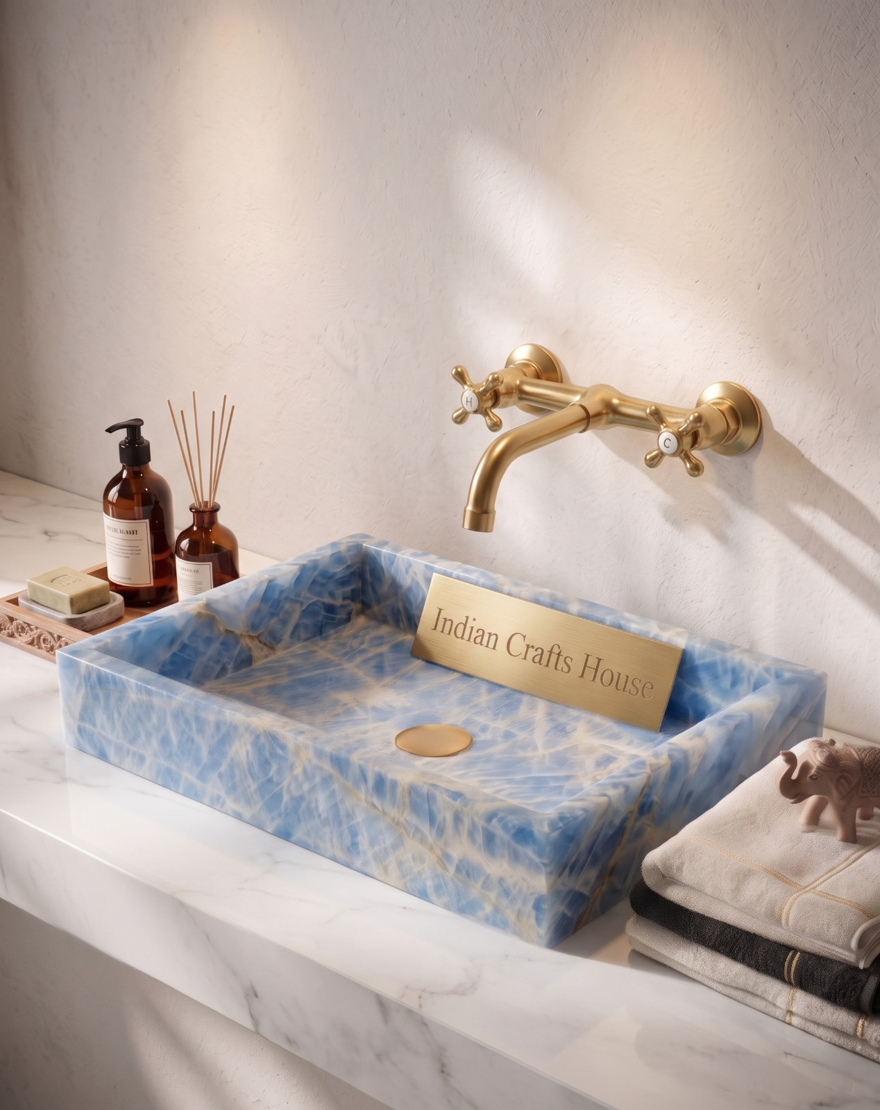 Luxury Blue Onyx Stone Vanity Basin Rectangular Vessel Sink - Rectangular