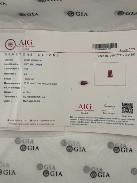 AIG Certified 4.13Ct Natural Ruby No Heat Madagascar Fancy Cut Estate Clearance