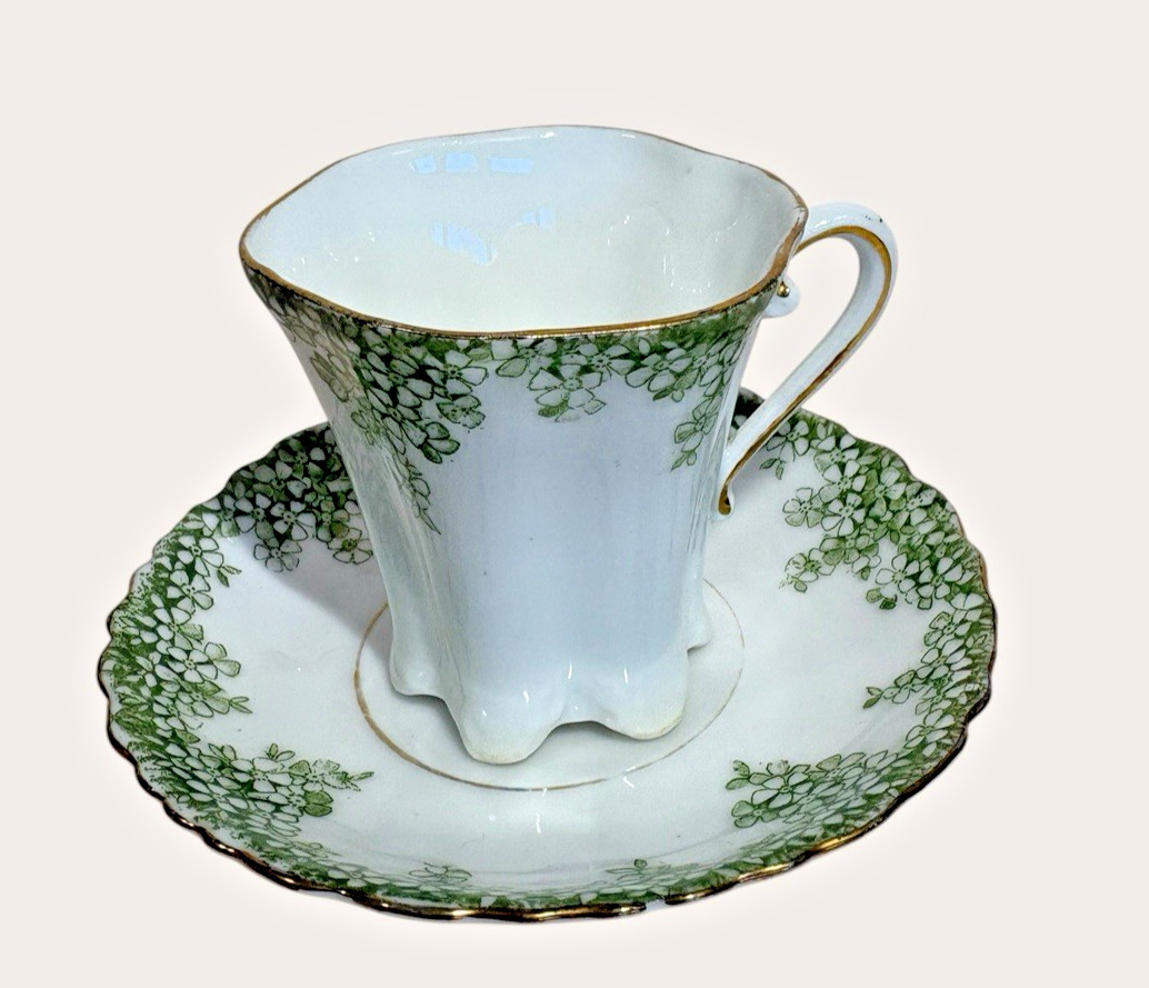 Antique Haviland Limoges Hand Painted Chocolate Cup Saucer Dainty Green Floral