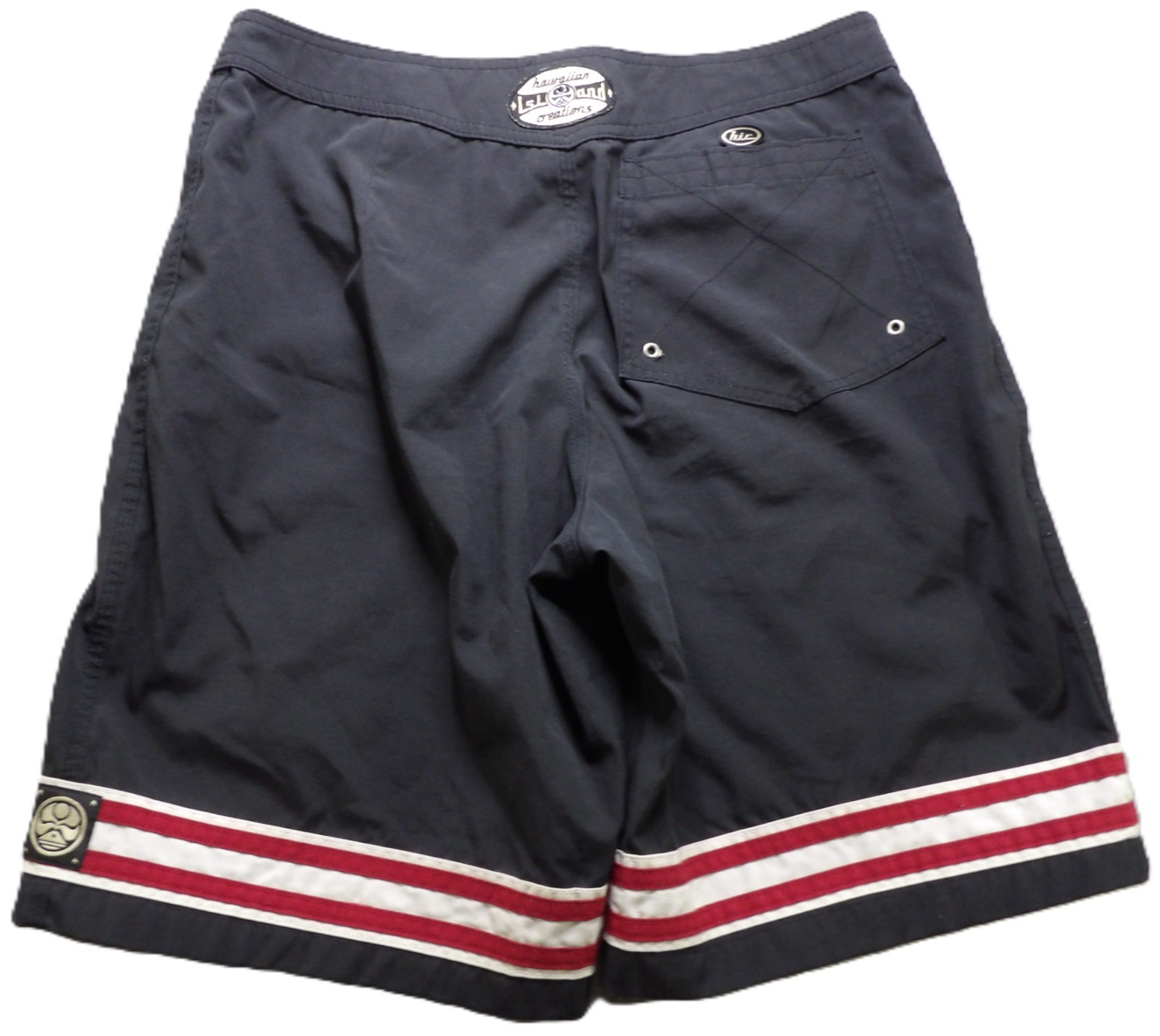 VTG 90s HIC Hawaiian Island Creations Men W34 Black Board Shorts Surf USA Stripe