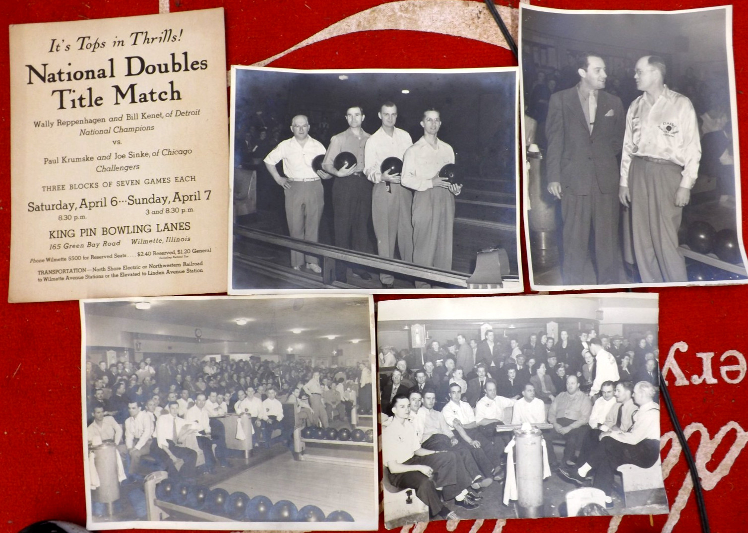 RARE VTG 1940s BOWLING CHAMPIONS POSTER PHOTOS PAUL KRUMSKE JOE SINKE BILL KENET