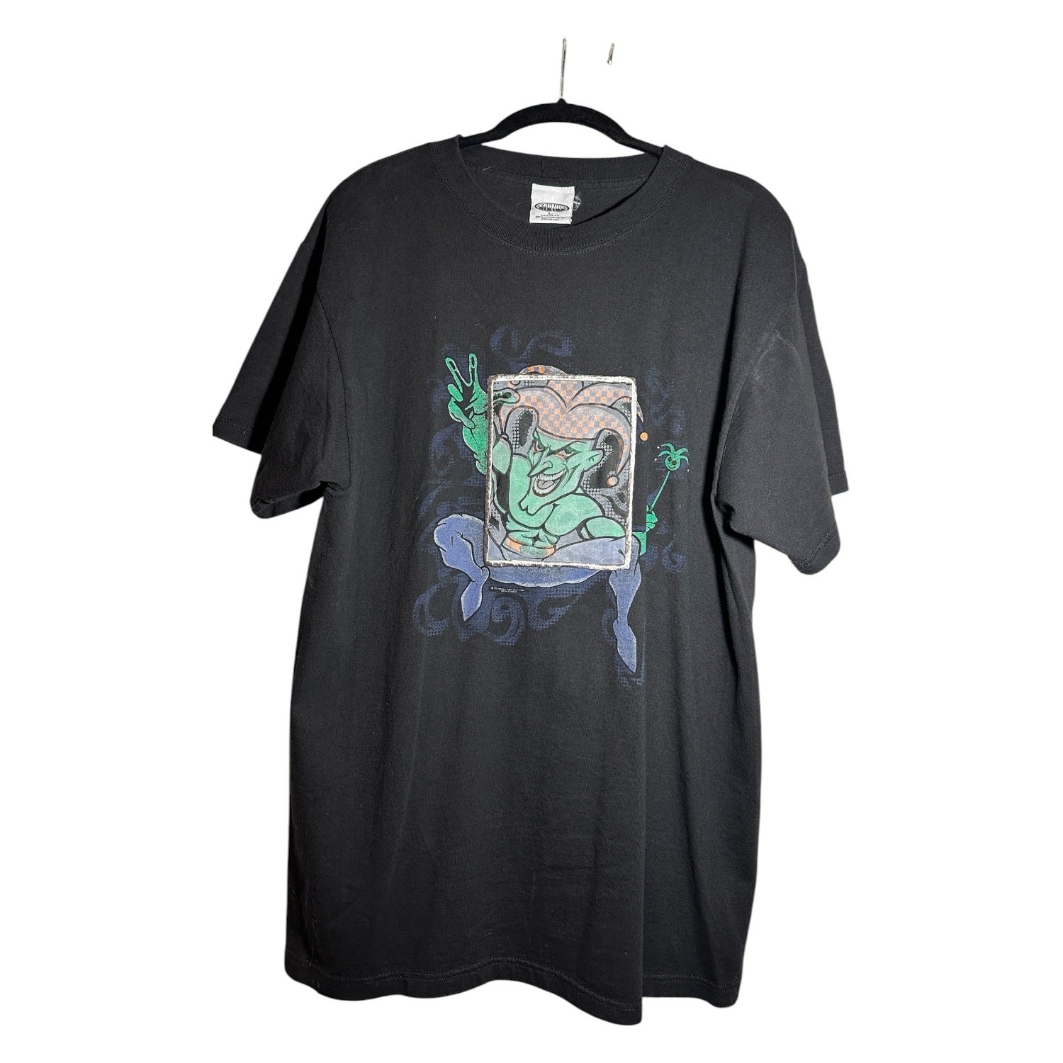 Vintage Y2K Goth Jester Graphic Tee with Unique Mesh Front Panel - Black