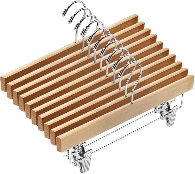 20pcs Wooden Pants Hangers Solid Pants Hanger with Adjustable Clips 14 Inch Natu