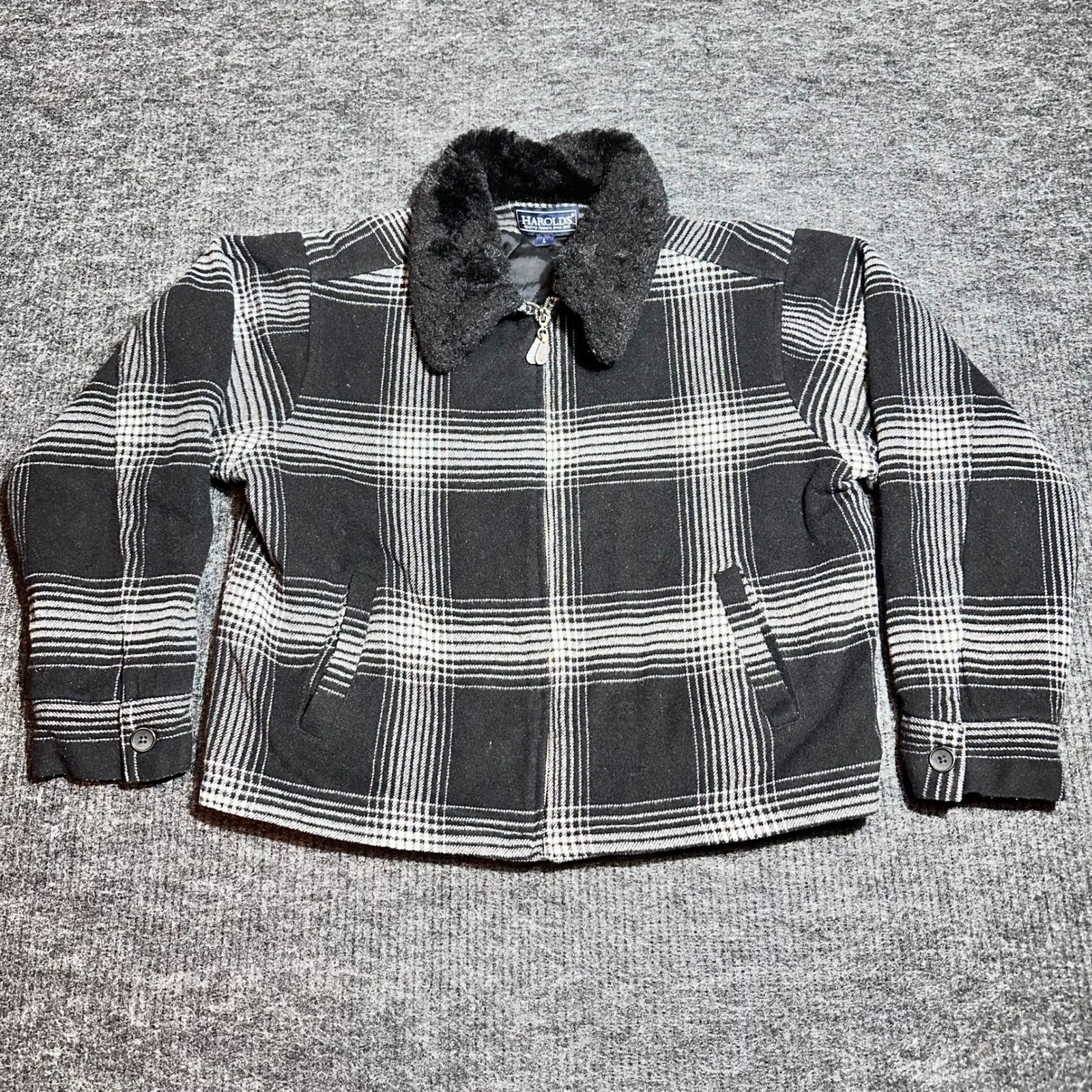 Vintage Harolds Wool Blend Plaid Jacket Faux Fur Collar Black White Large