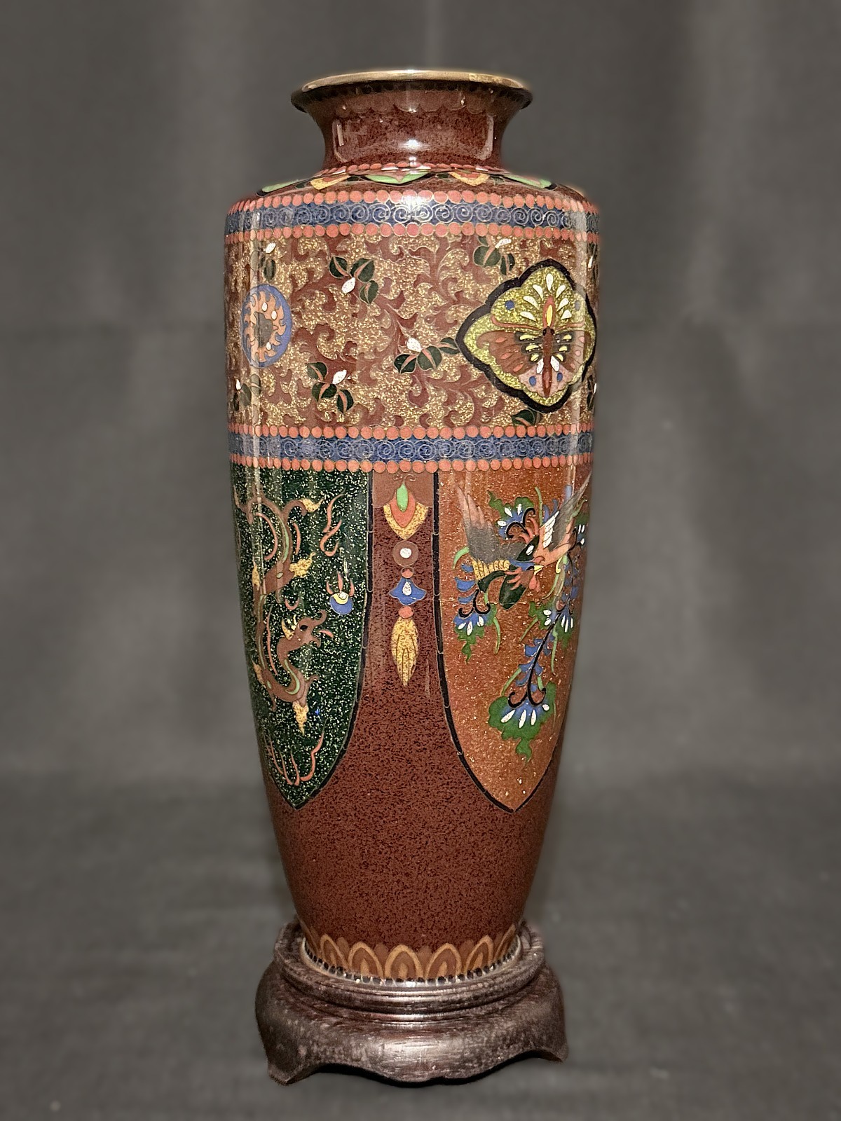 Antique Japanese Cloisonne Dragon Phoenix Vase Signed Meiji Taisho 9.5” w/Stand
