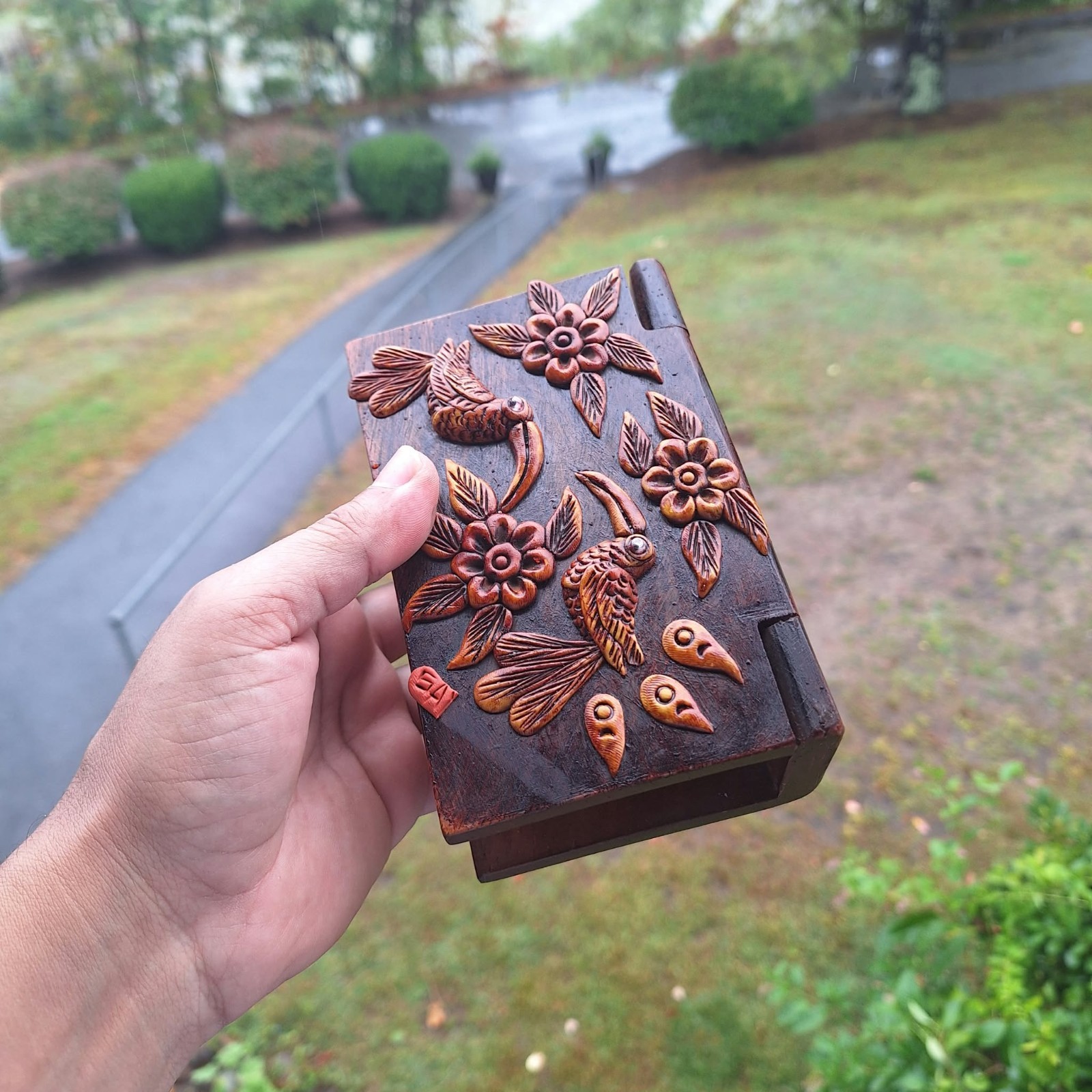 Vintage Hand Carved Box Birds Flowers Brown