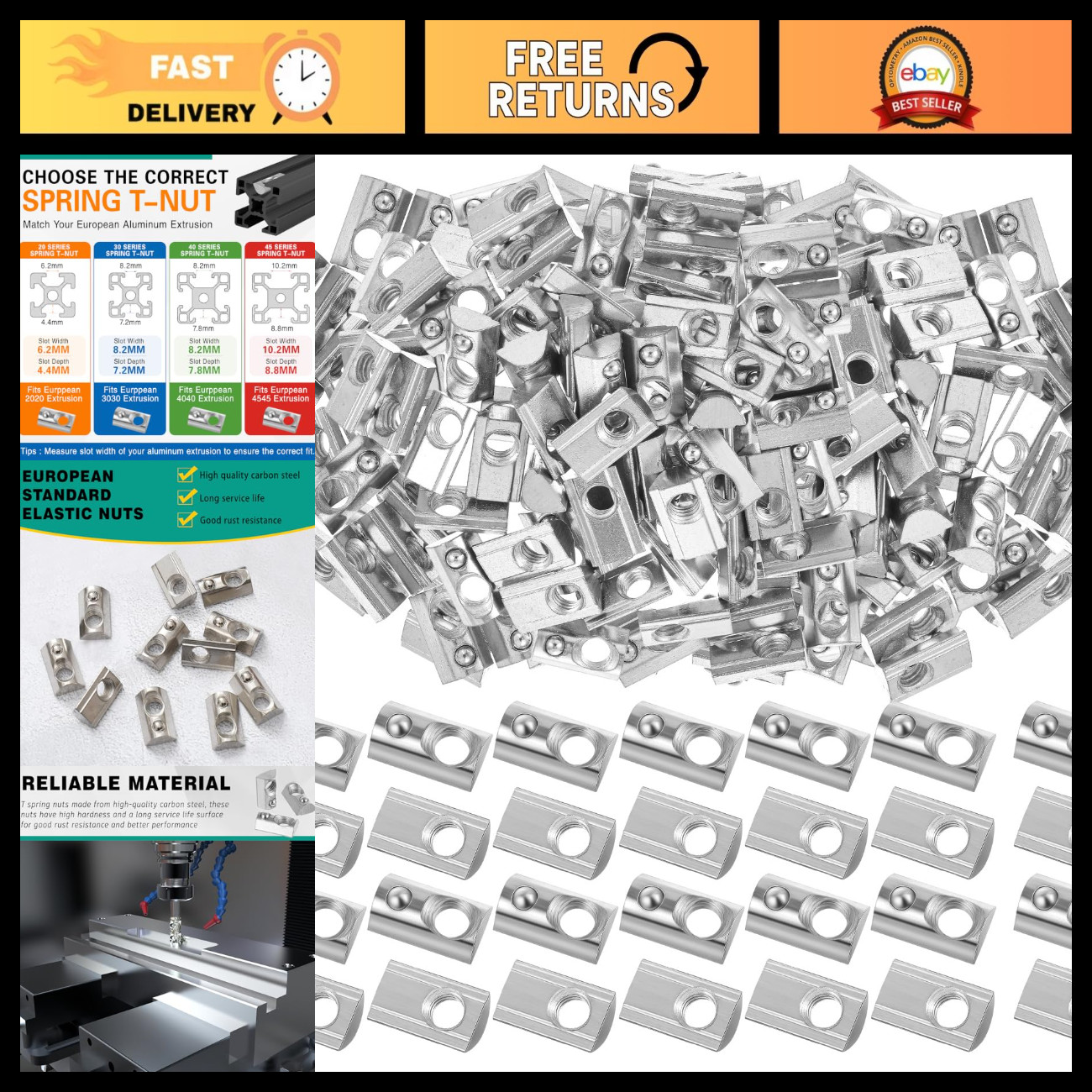 100 Pcs M4 T Nuts Half Roll Spring - 2020 Series Fasteners for Wood & Metal