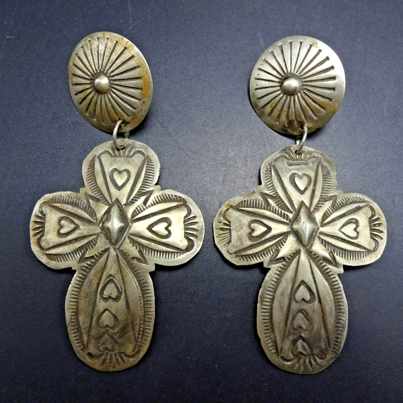 VINTAGE Hand Stamped Sterling Silver CROSS EARRINGS with Hearts DANGLE PIERCED
