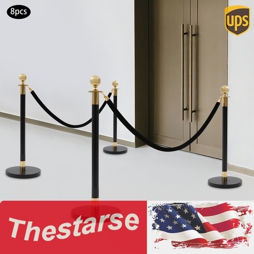 8PCS Black+Gold Stanchion Posts Queue Pole w/ 4 1.5M Ropes Crowd Control Barrier