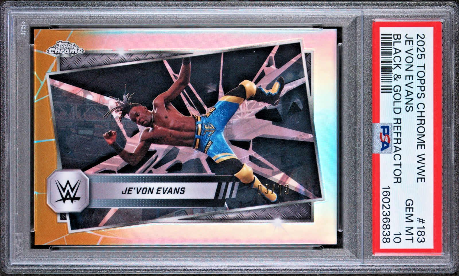 Je\'Von Evans 2025 Topps Chrome WWE #183 Black & Gold Refractor 3/13 PSA 10 Gem Je\'Von Evans 2025 Topps Chrome WWE #183 Black & Gold Refractor 3/13 PSA 10 Gem