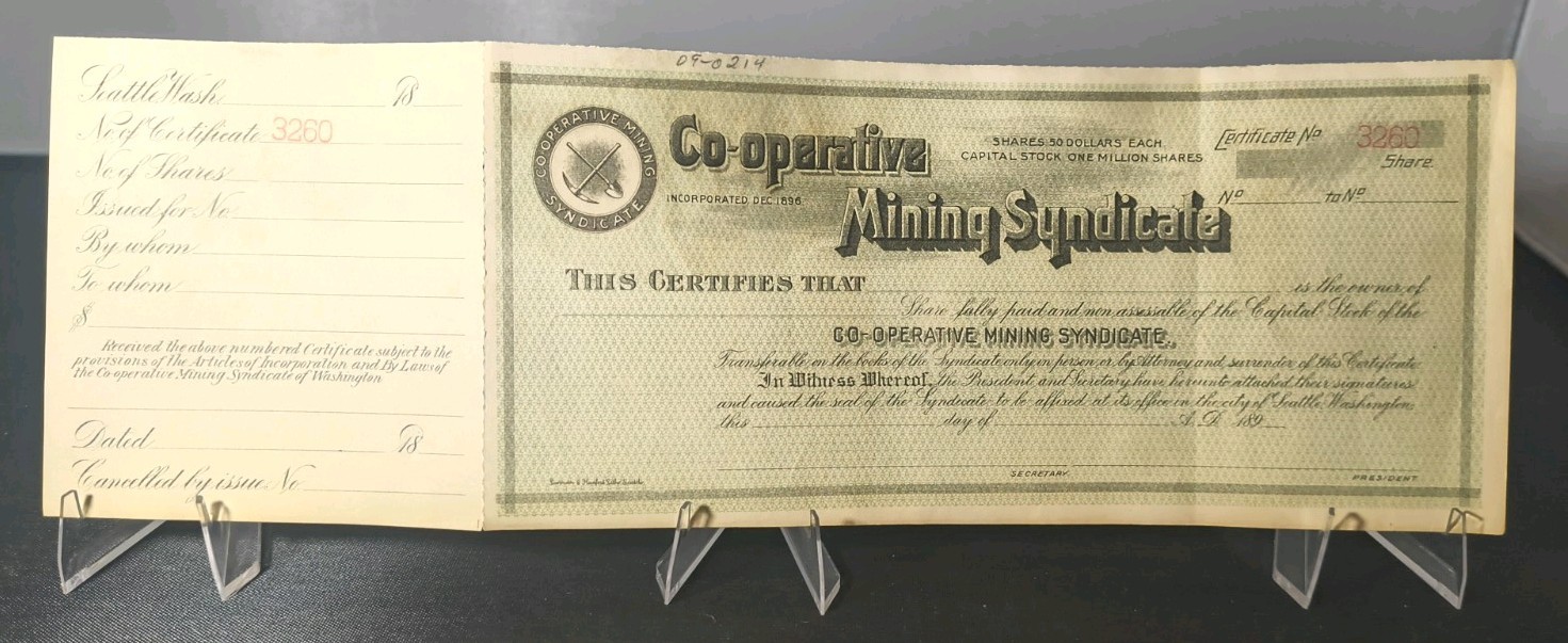 1890 Unissued Co Operative Mining Syndicate Stock Certificate Seattle 1890 Unissued Co Operative Mining Syndicate Stock Certificate Seattle