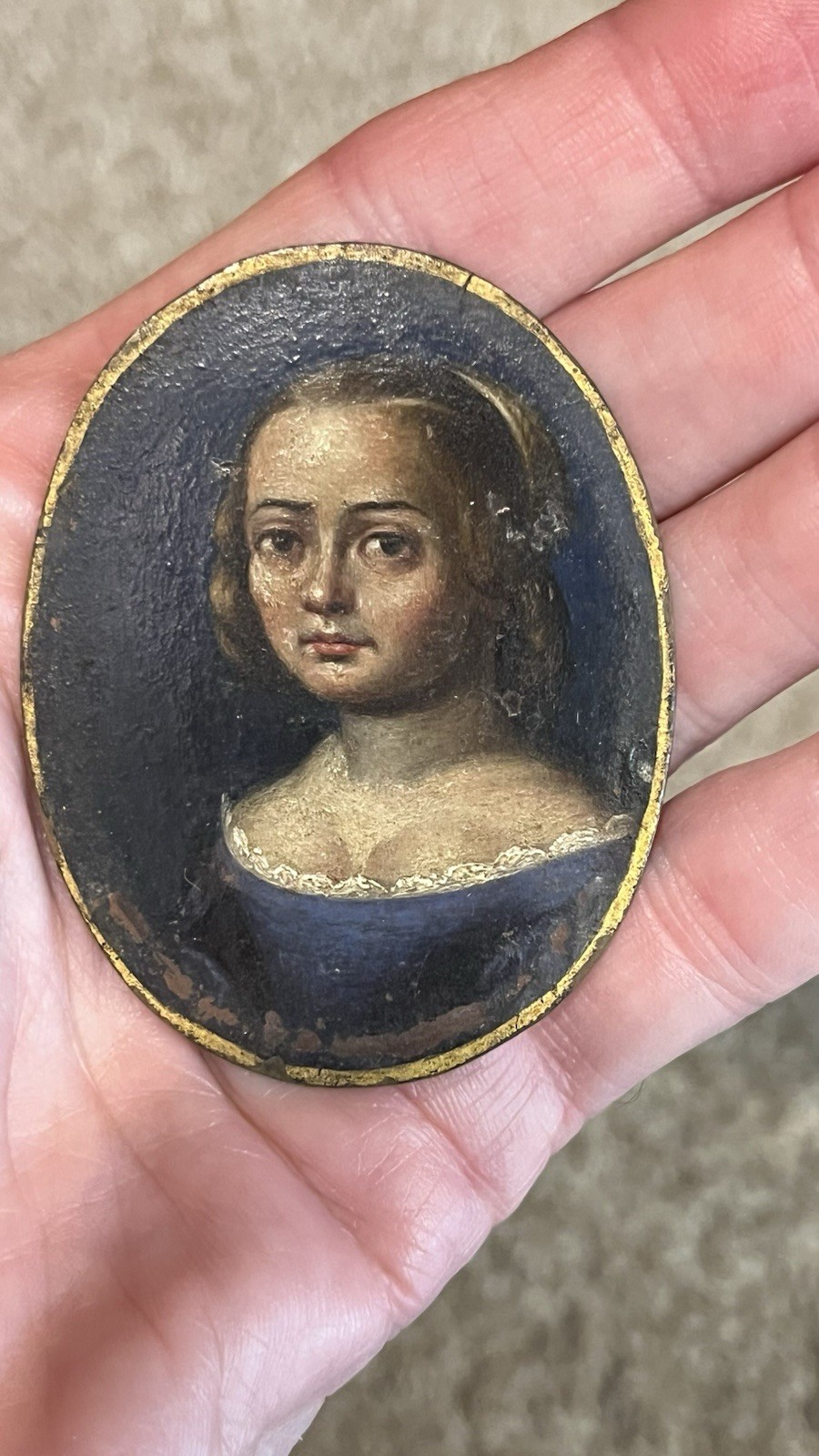 Antique 17th Century Art Miniature Portrait Painting On Copper Woman Teen ?