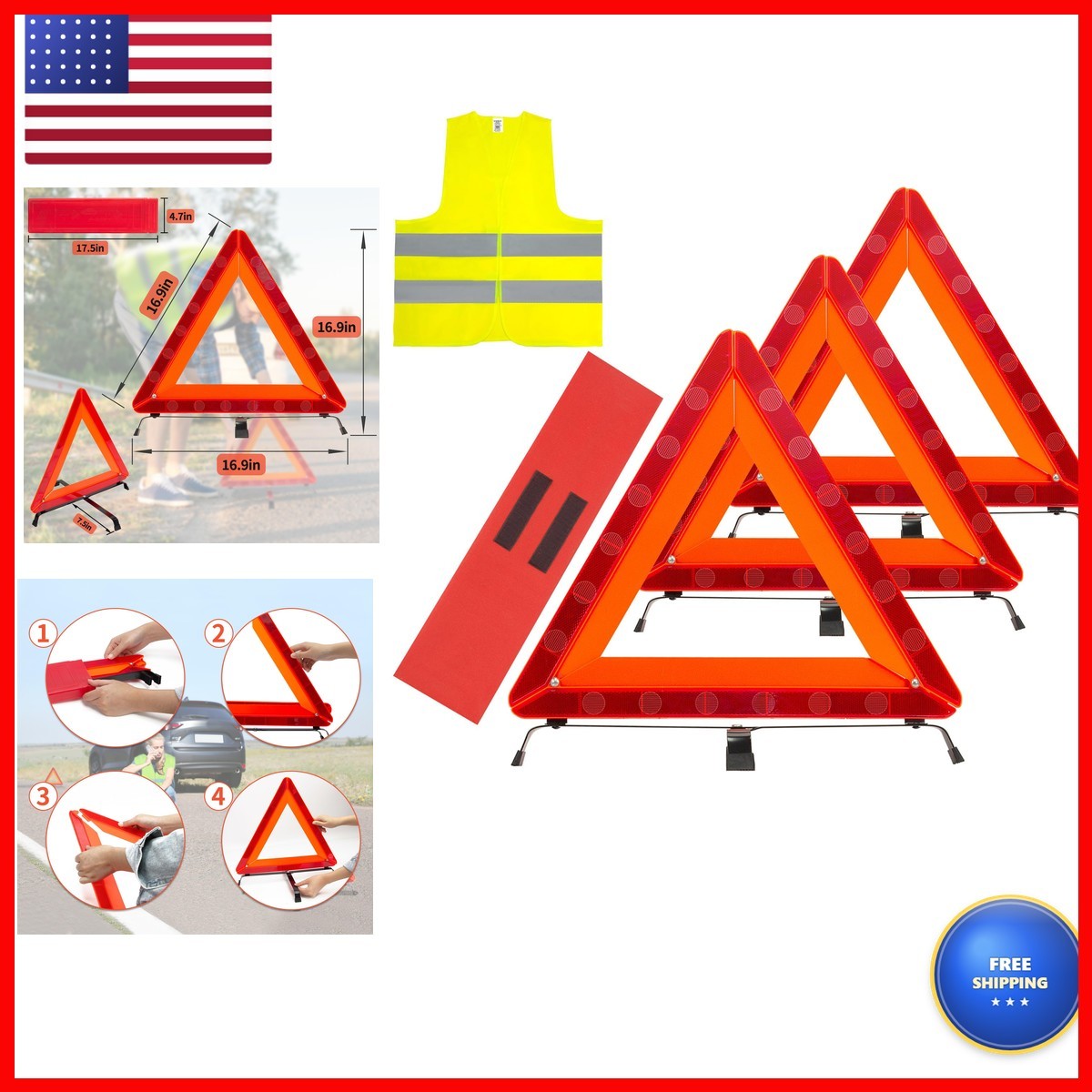 AYKRM 3Pack Car Warning Triangle Heavy Reflective Warning Road Safety Triangle AYKRM 3Pack Car Warning Triangle Heavy Reflective Warning Road Safety Triangle