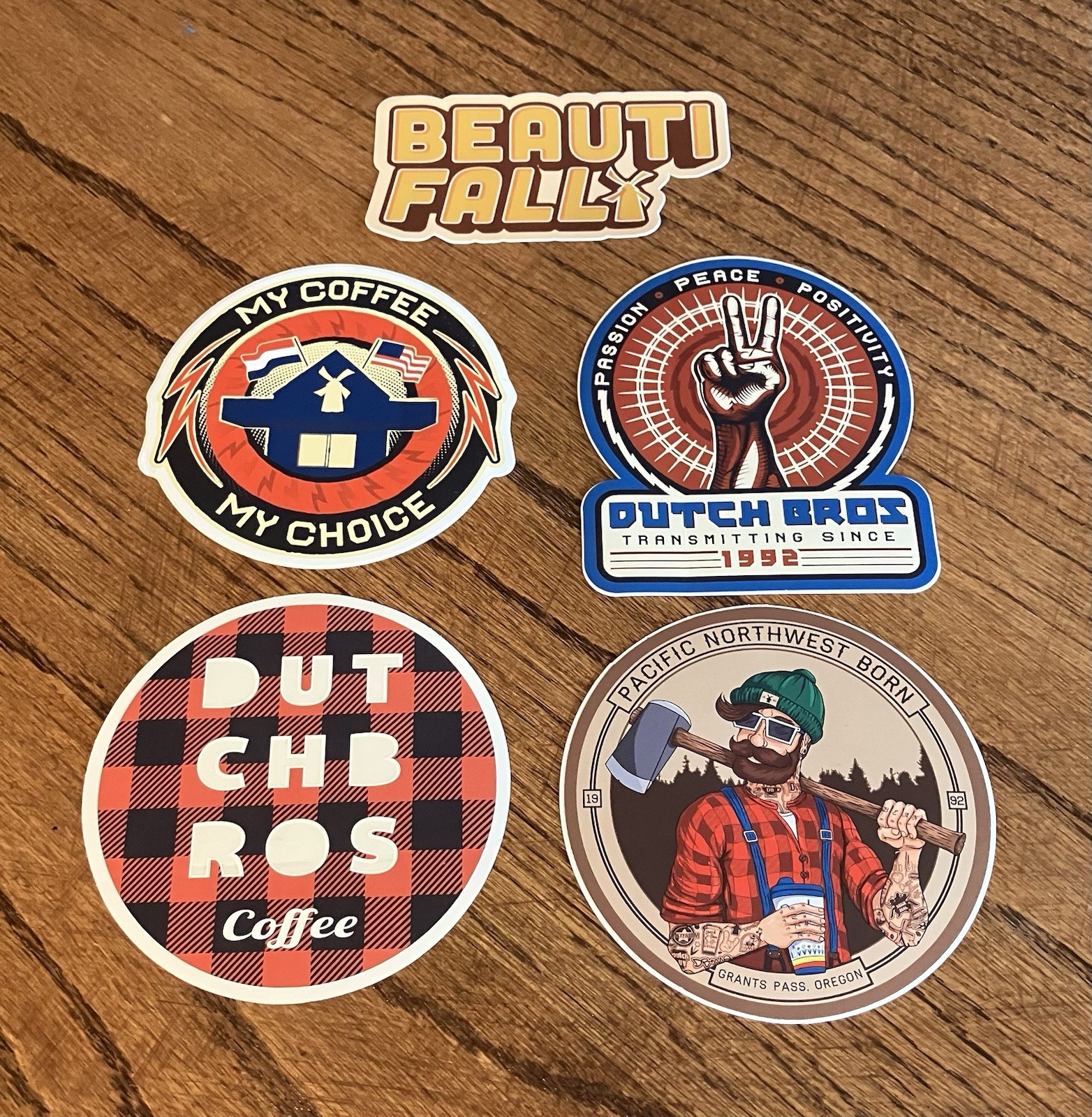Lot Of 5 Vintage Dutch Bros Stickers My Coffee My Choice, Red Plaid, PNW, READ