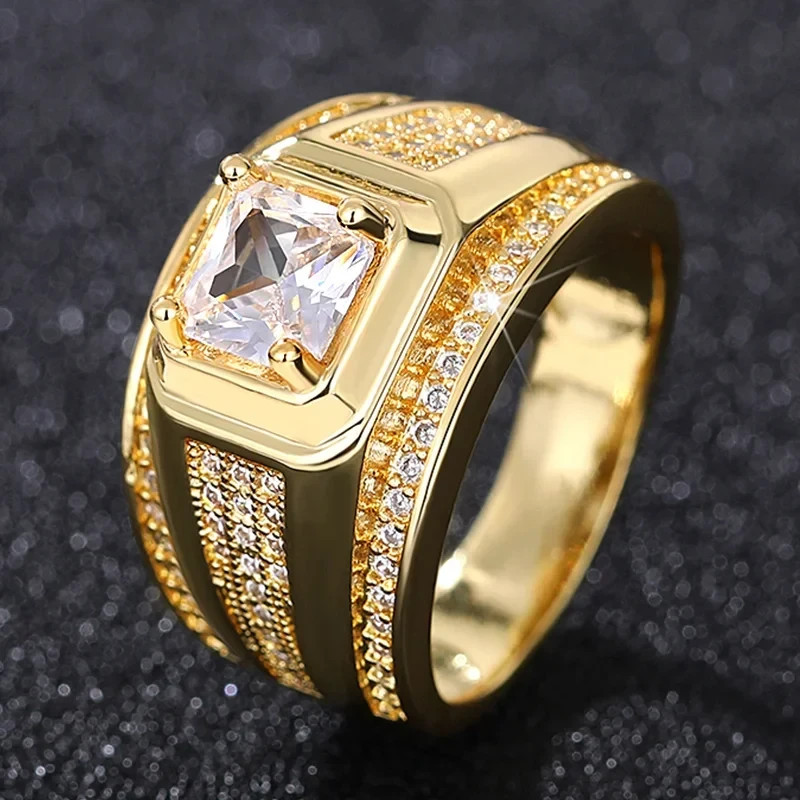 Gold Tone Zirconia Ring — Men’s Engagement, Bright Finish Gold Tone Zirconia Ring — Men’s Engagement, Bright Finish