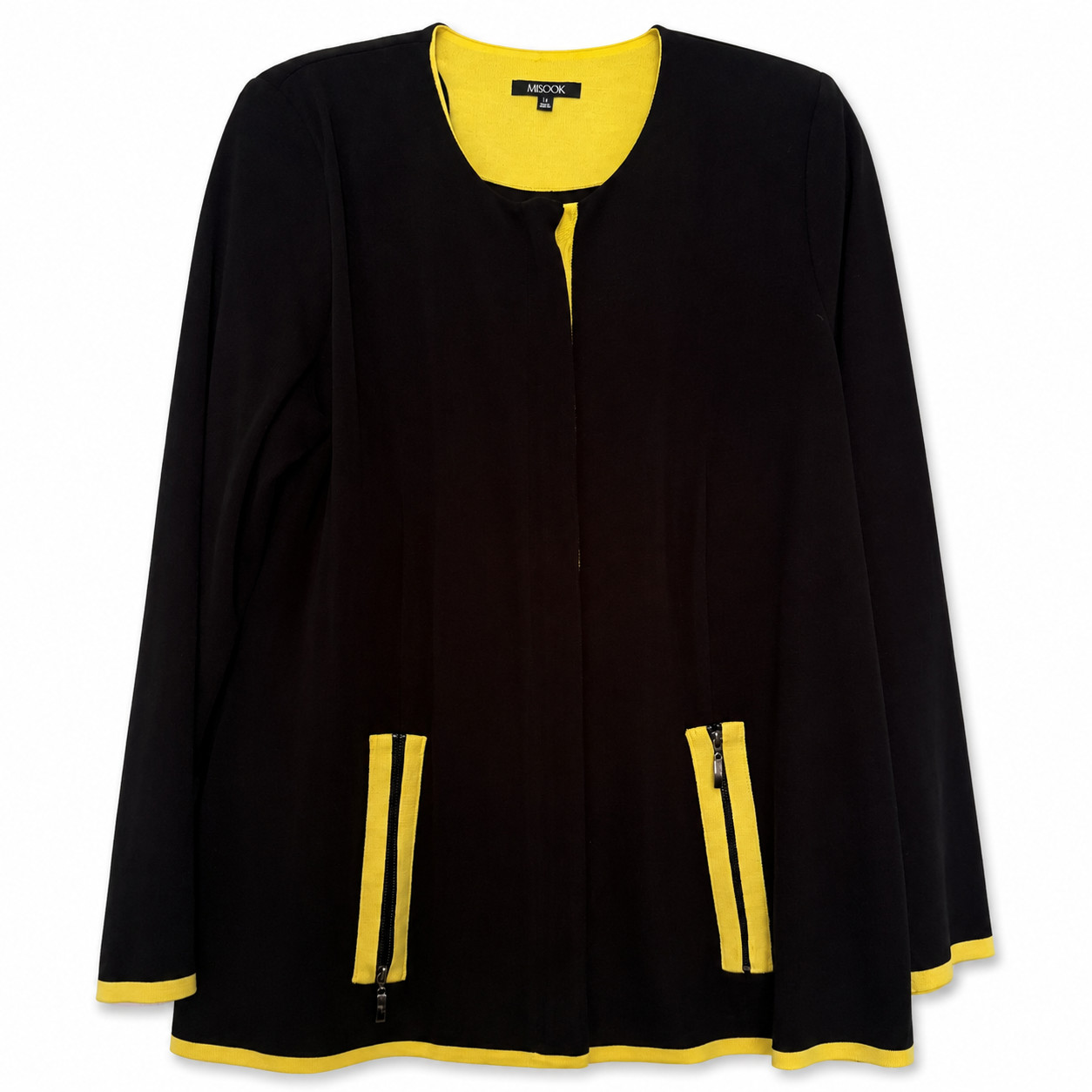 Misook Women\'s L Black Yellow Trim Long Knit Jacket Misook Women\'s L Black Yellow Trim Long Knit Jacket