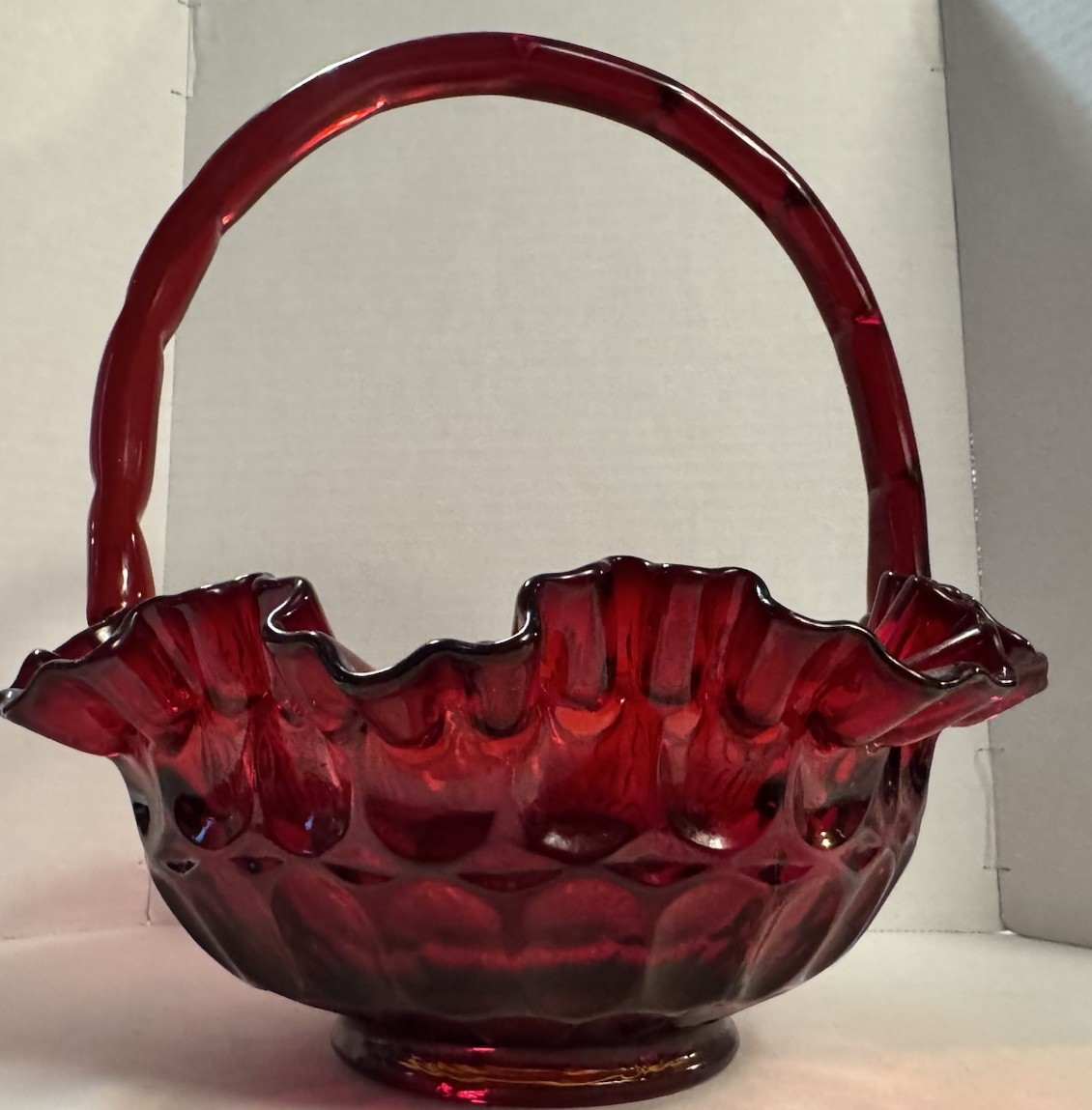 Vintage Fenton Ruby Red Glass Basket Ruffled Edge Thumbprint Pattern 8\
