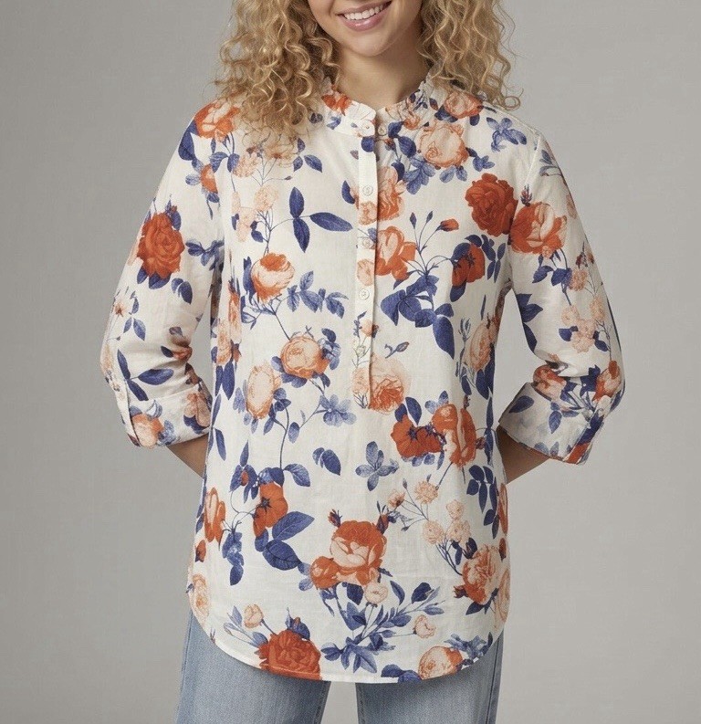 NWT Talbots Women’s Size M White Floral Cotton Partial Button Up Pullover Tunic NWT Talbots Women’s Size M White Floral Cotton Partial Button Up Pullover Tunic