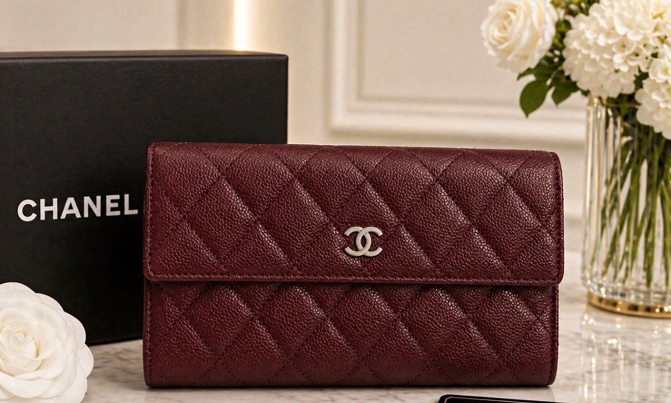 Authentic Chanel Burgundy Quilted Leather Long Wallet CC Flap Wallet