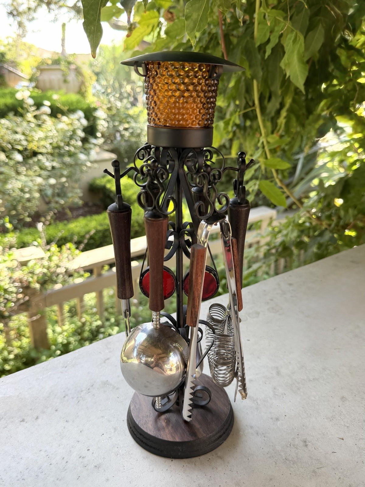 Vtg Wood Metal Ornate Hanging Bar Tool Set Candleholder Complete Midcentury Tiki