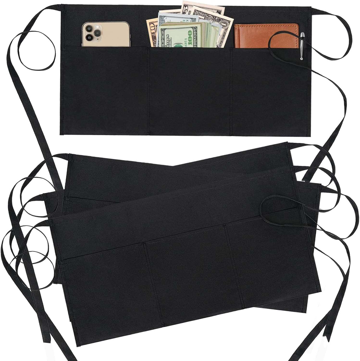 4 Pack Waitress Apron with 3 Pockets-Black Server Aprons-Waiter Short 4 Pack Waitress Apron with 3 Pockets-Black Server Aprons-Waiter Short
