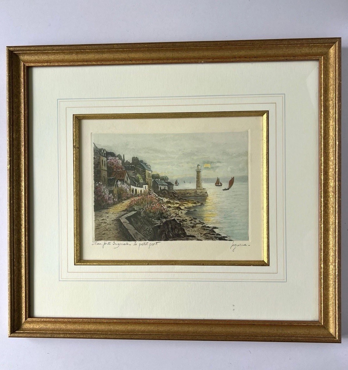 Vintage French Hand Coloured Etching “Le Petit Port” By Legueme Framed