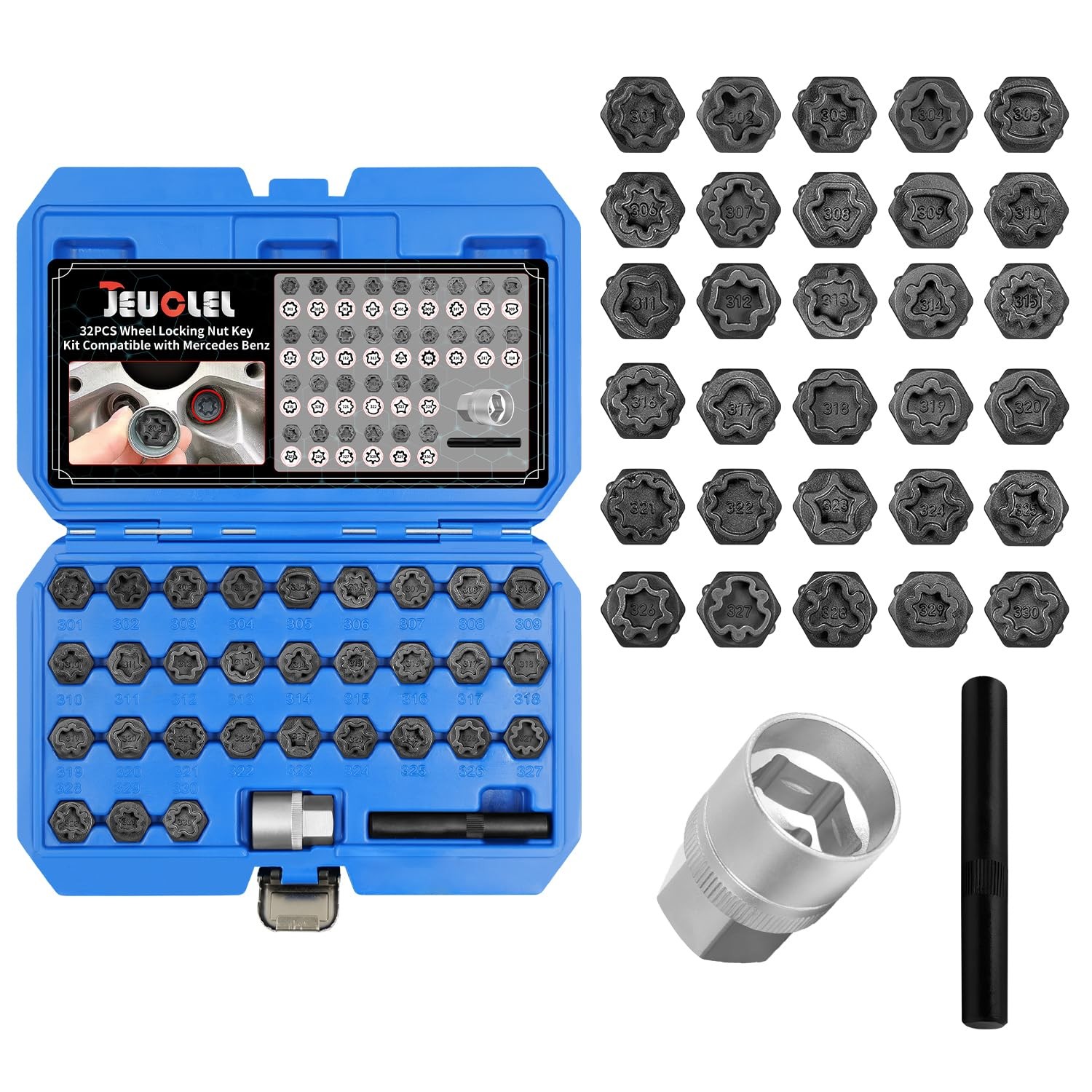 JEUCLEL 32PCS Wheel Locking Nut Key Kit - Normal, 301-330 Scoket Set 